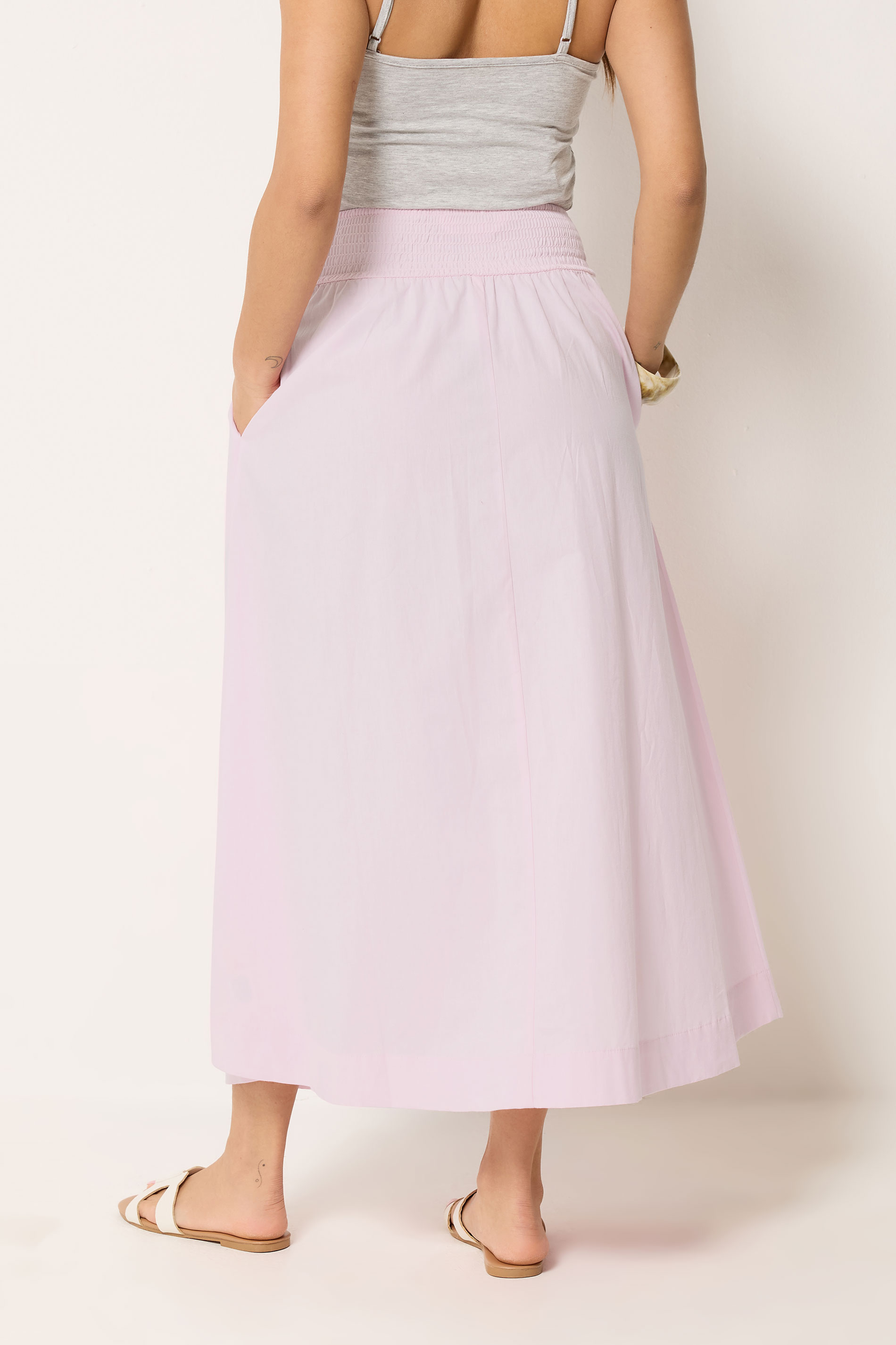PixieGirl Petite Women's Baby Pink Poplin Shirred Cotton Maxi Skirt | PixieGirl 2