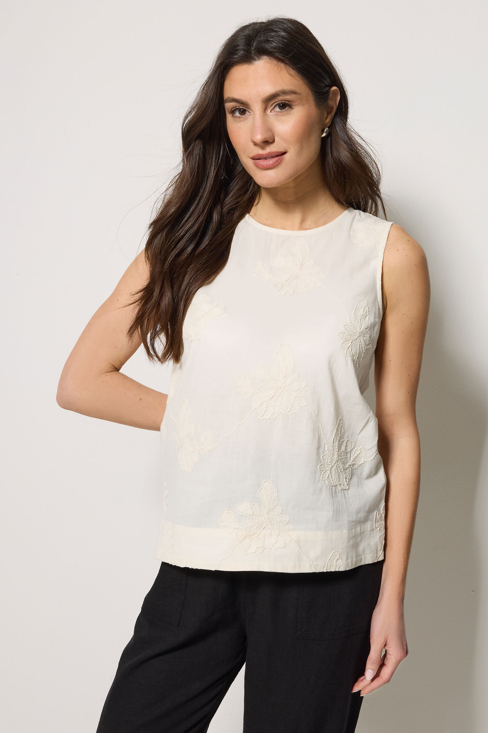 M&Co Ivory White Floral Embroidered Cotton Vest Top | M&Co 1