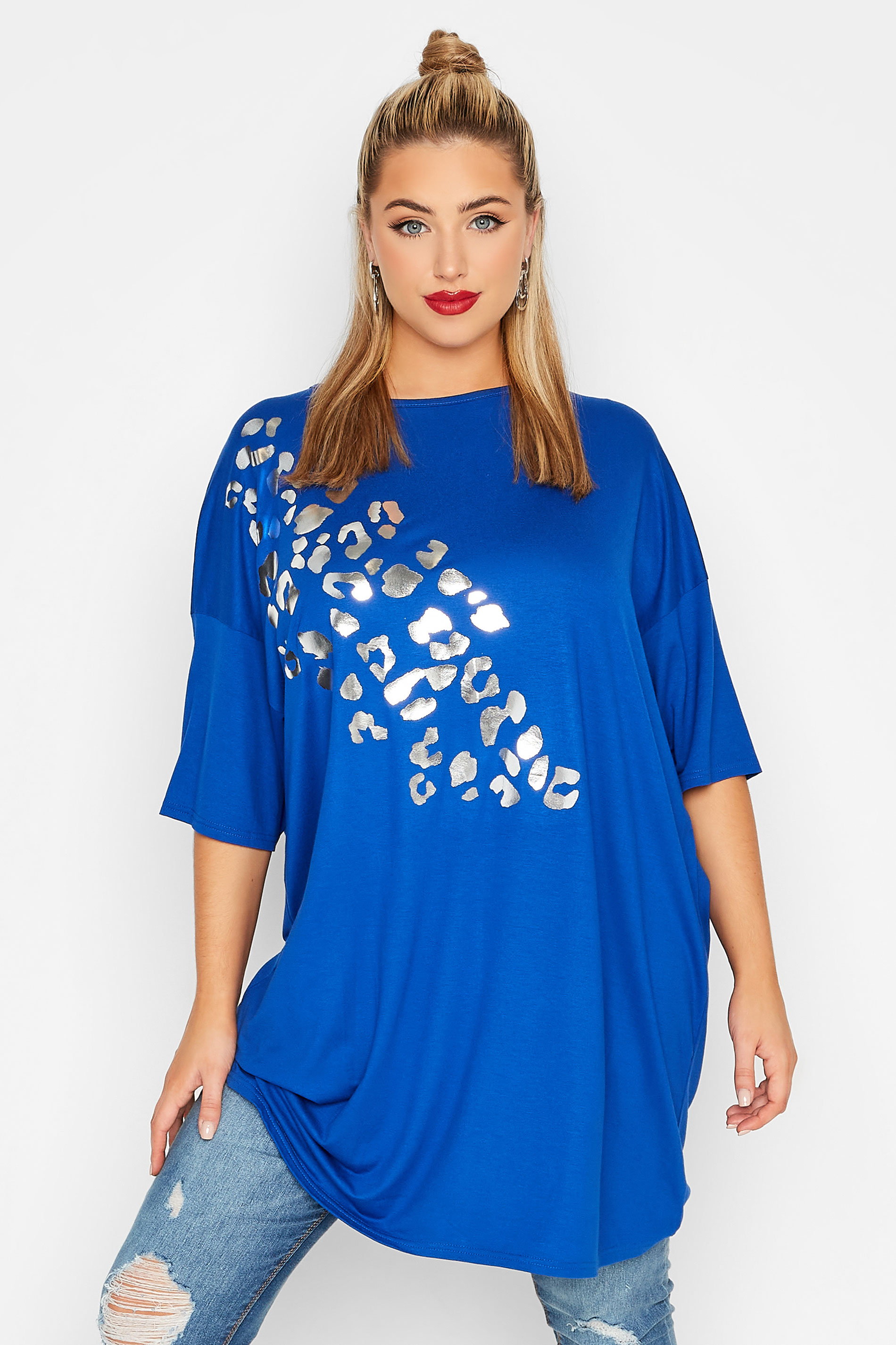 Grande taille  Tops Grande taille  T-Shirts | LIMITED COLLECTION - T-Shirt Bleu Roi Léopard Argenté - WI64417