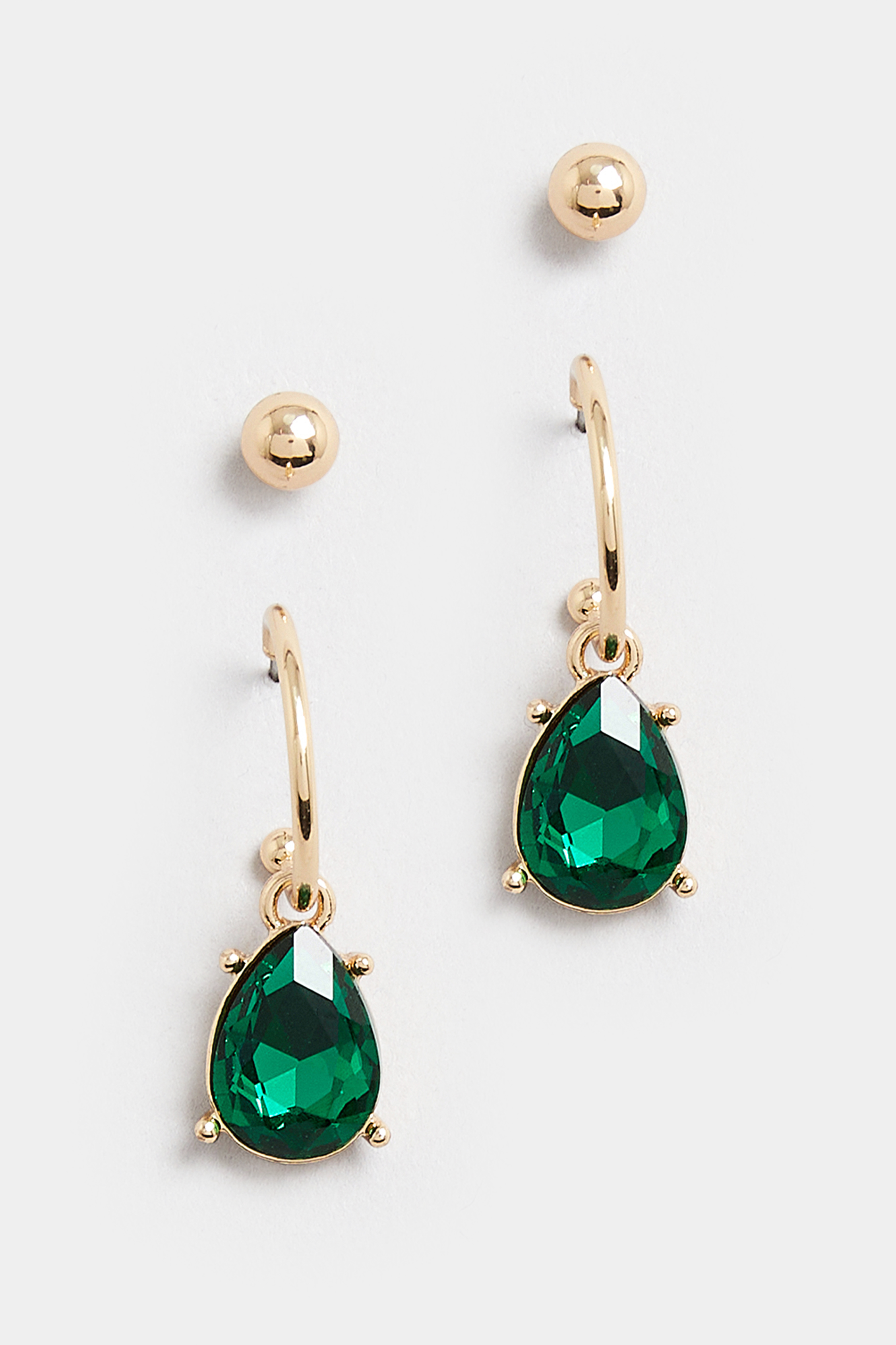2 PACK Gold Tone & Emerald Green Charm Hoop & Stud Earring Set | Yours Clothing 3