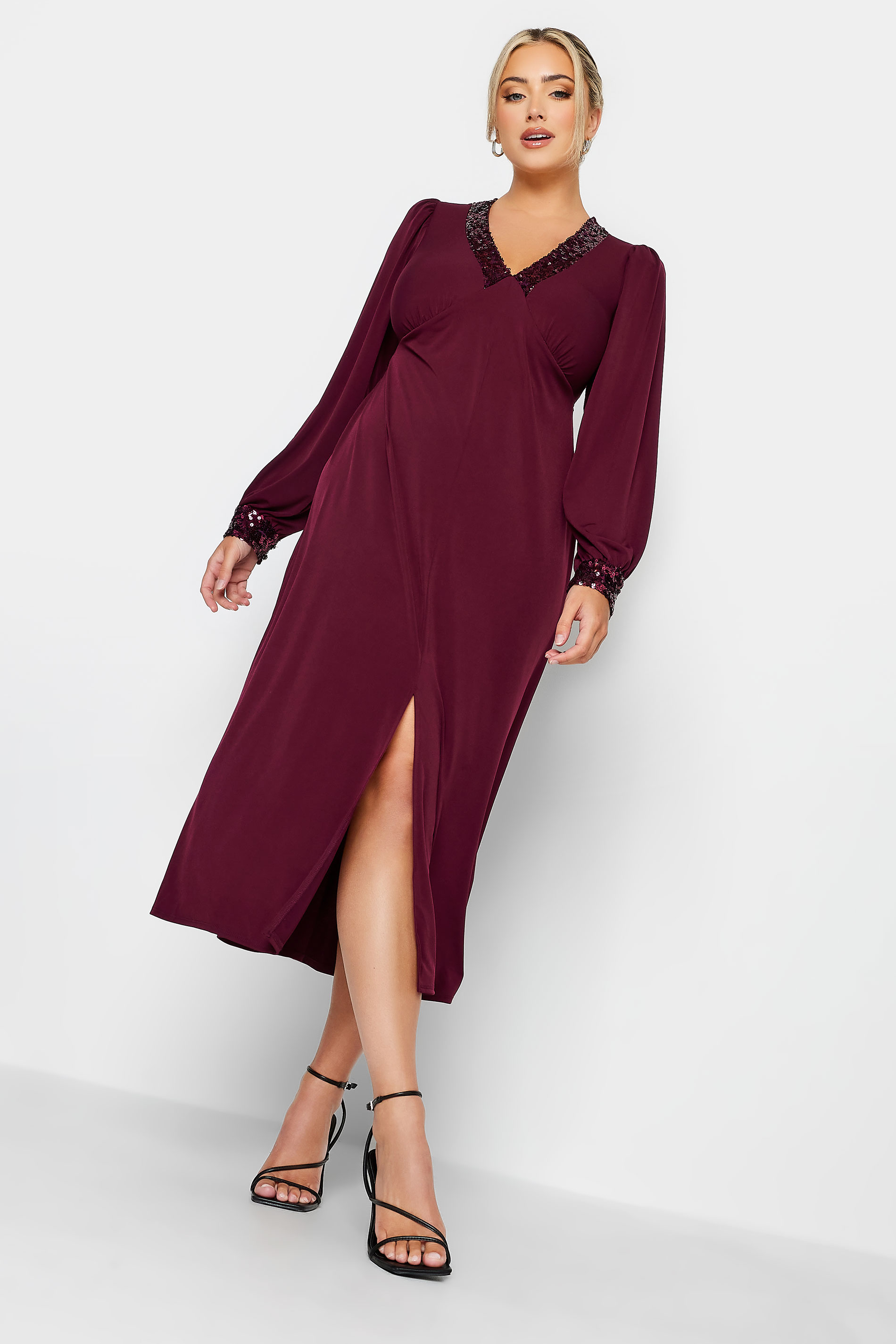 YOURS LONDON Plus Size Plum Purple Sequin Split Front Dress | Yours Clothing 1