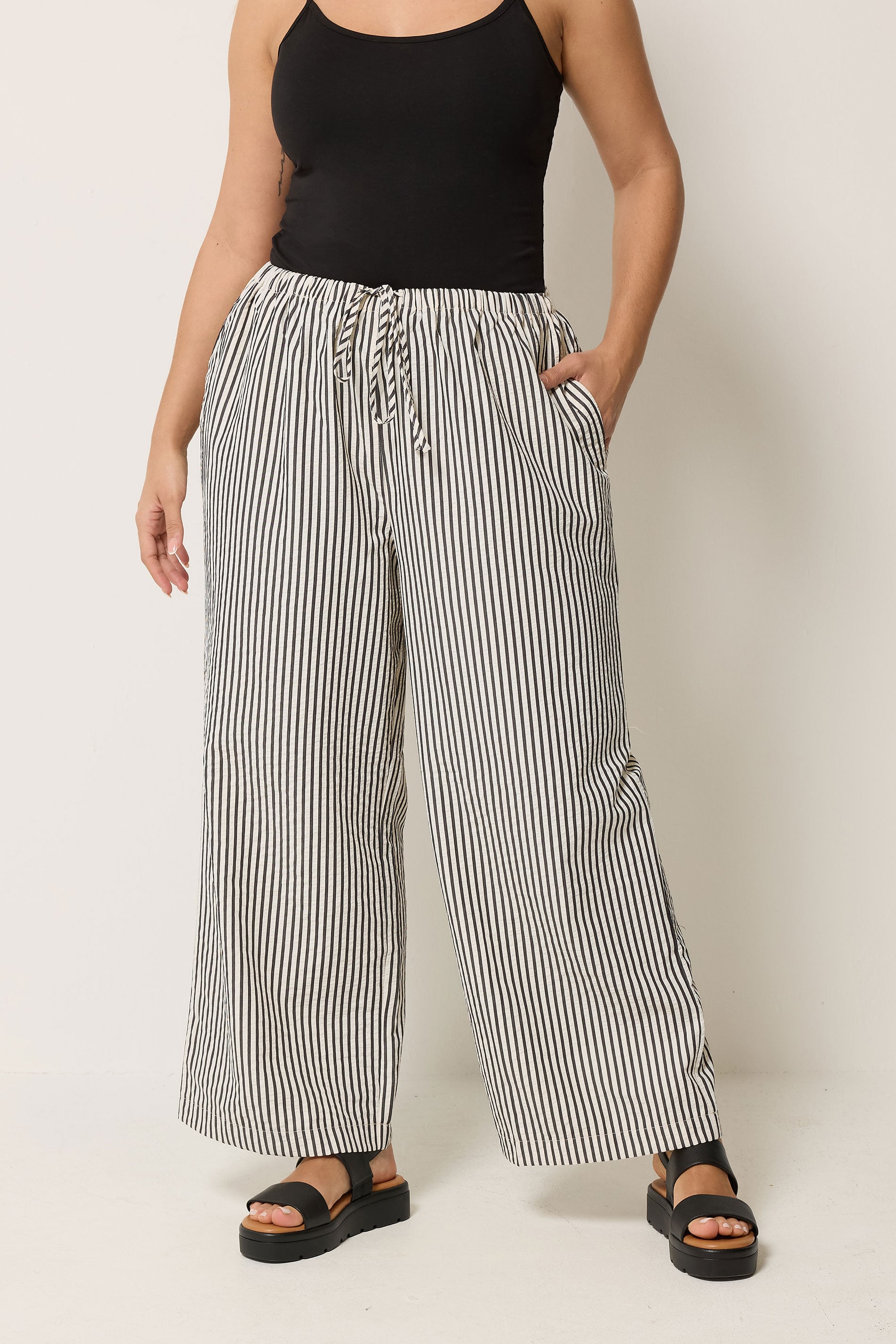 YOURS Plus Size Cream & Black Stripe Trousers | Yours Clothing 3