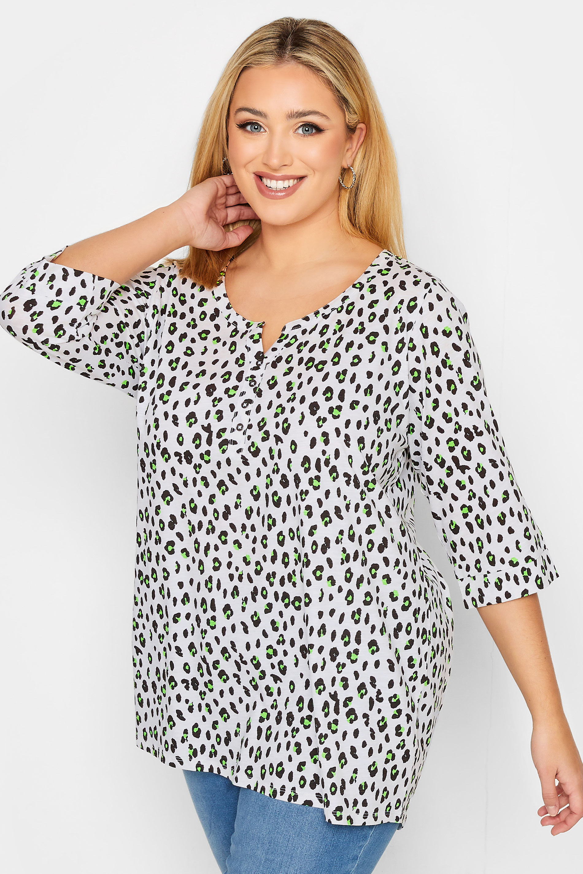 YOURS Plus Size White Leopard Print Henley T-Shirt | Yours Clothing 1