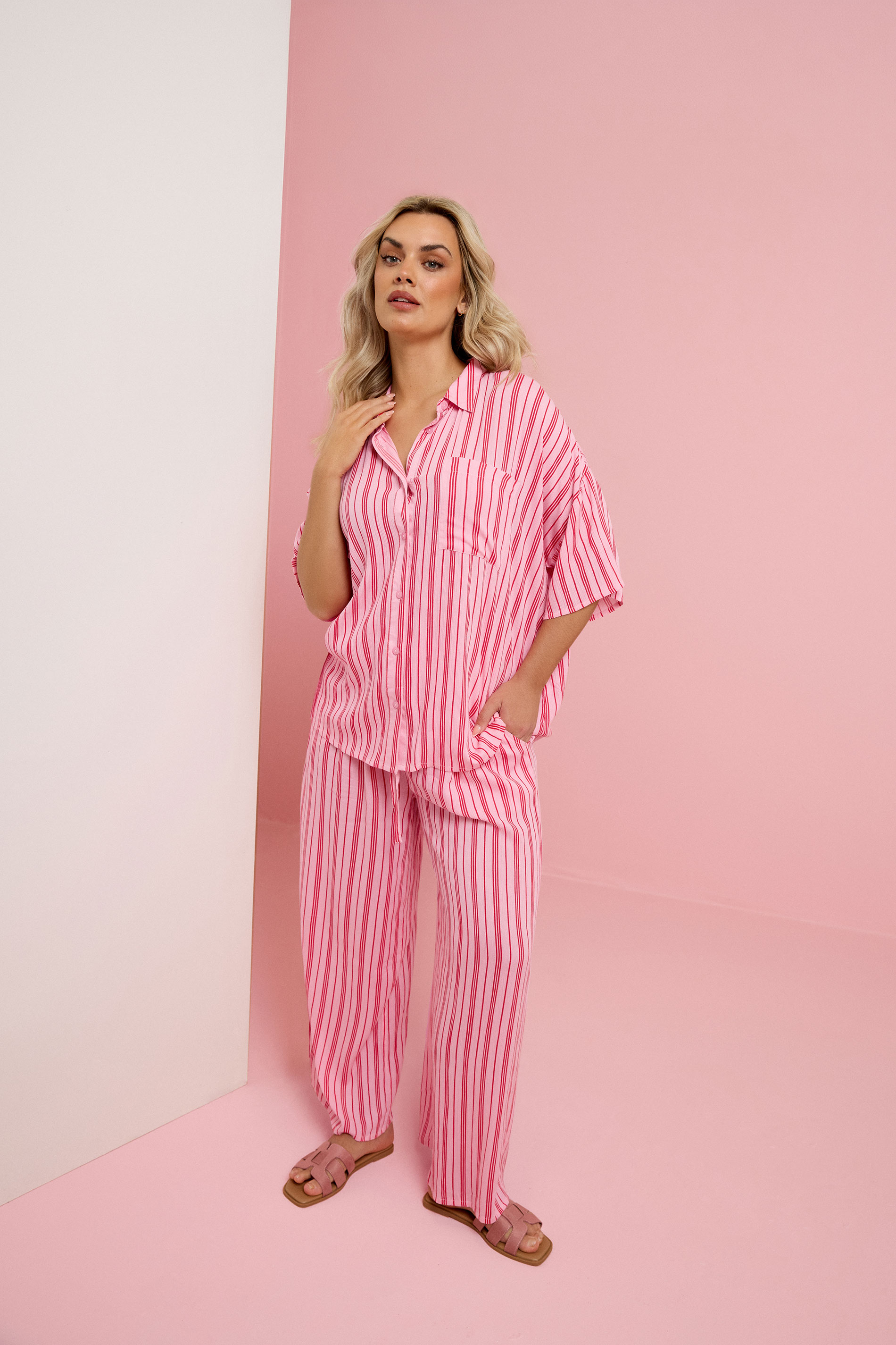 YOURS Plus Size Pink Stripe Crinkle Wide Leg Trousers | Yours Clothing 3