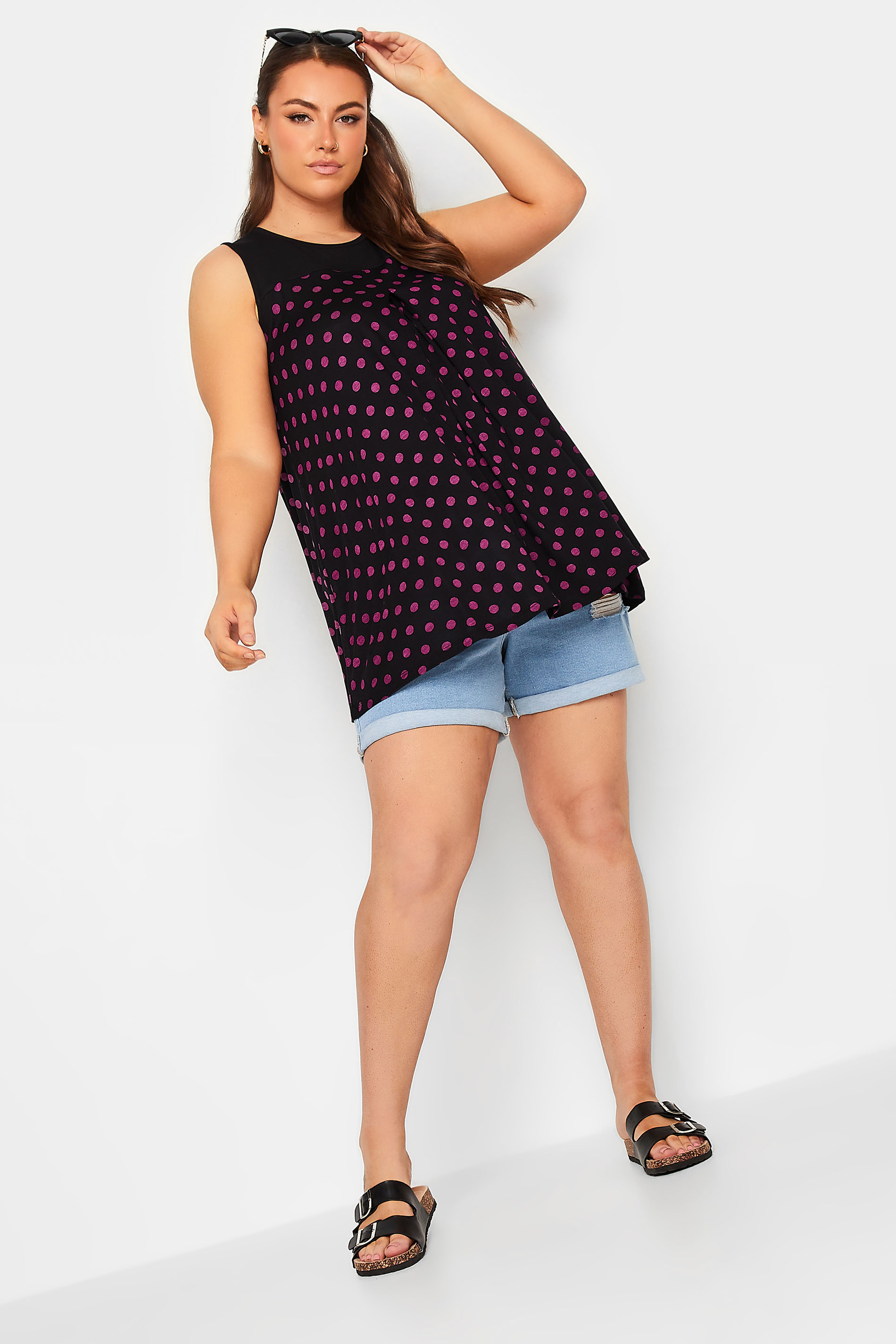 YOURS Plus Size Black & Pink Spotted Pleat Vest Top | Yours Clothing 2