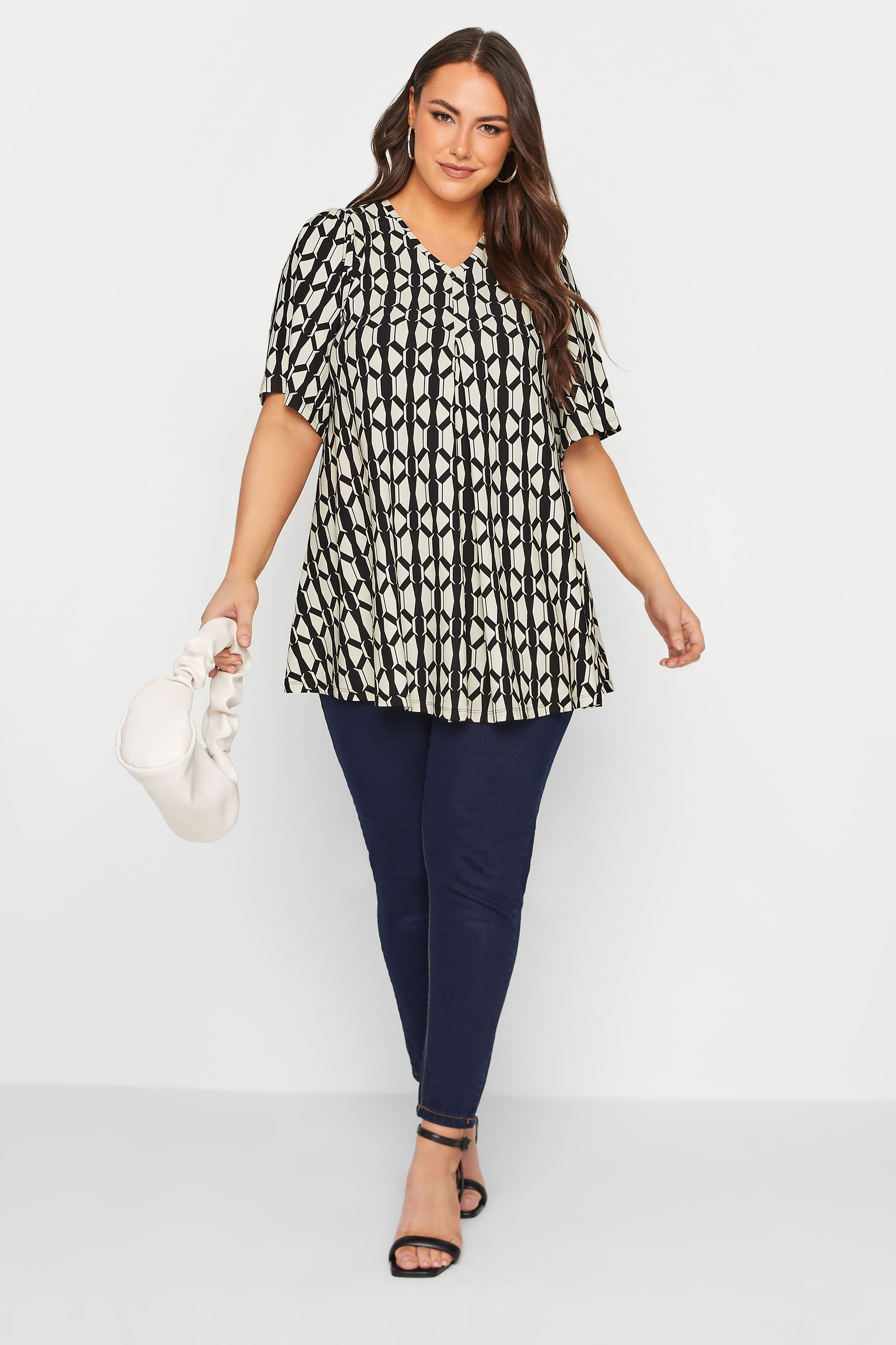 YOURS Curve Plus Size Black Geometric Print Angel Sleeve Top | Yours Clothing  2