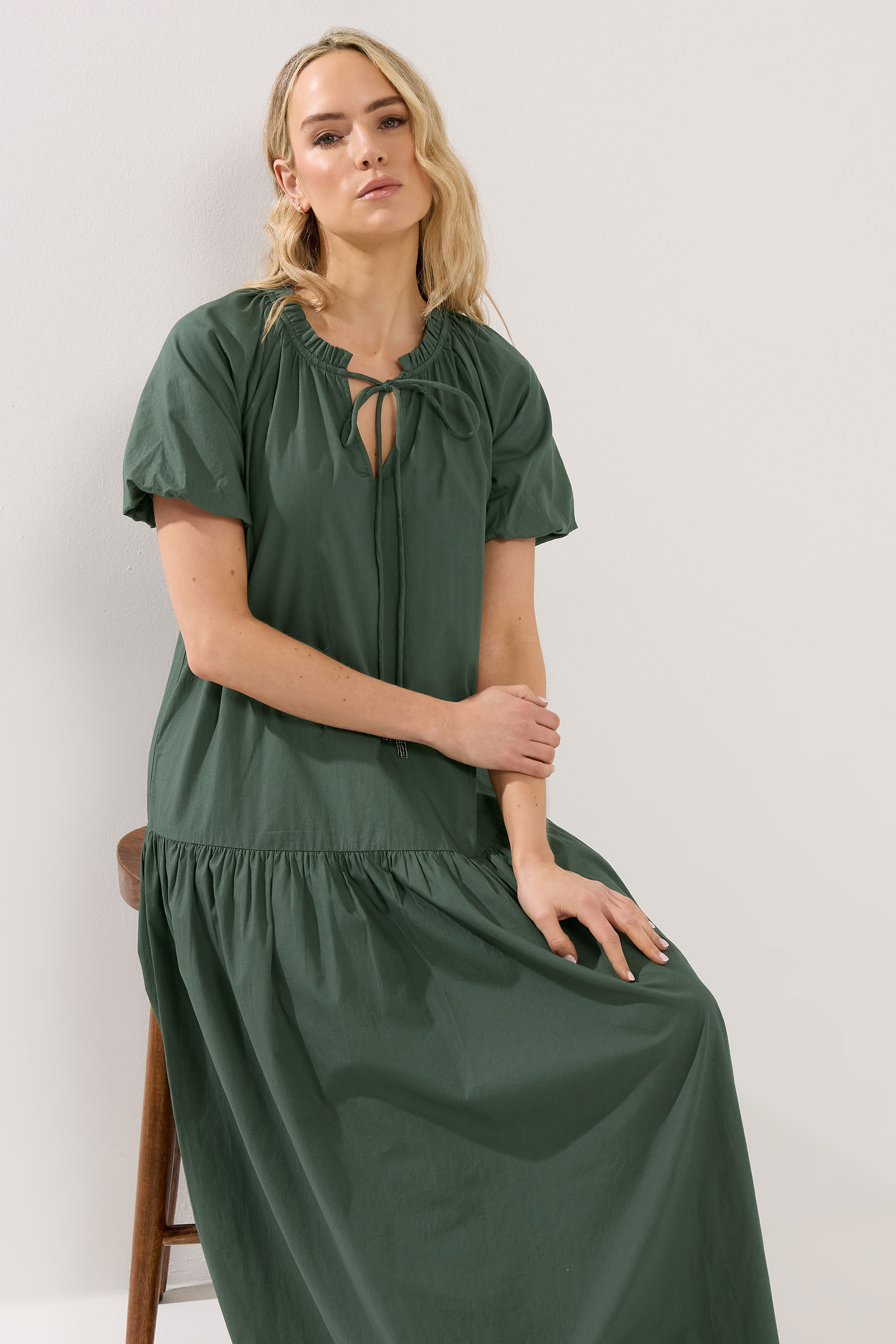 LTS Tall Women's Forest Green Puff Sleeve Cotton Maxi Dress | Long Tall Sally  2