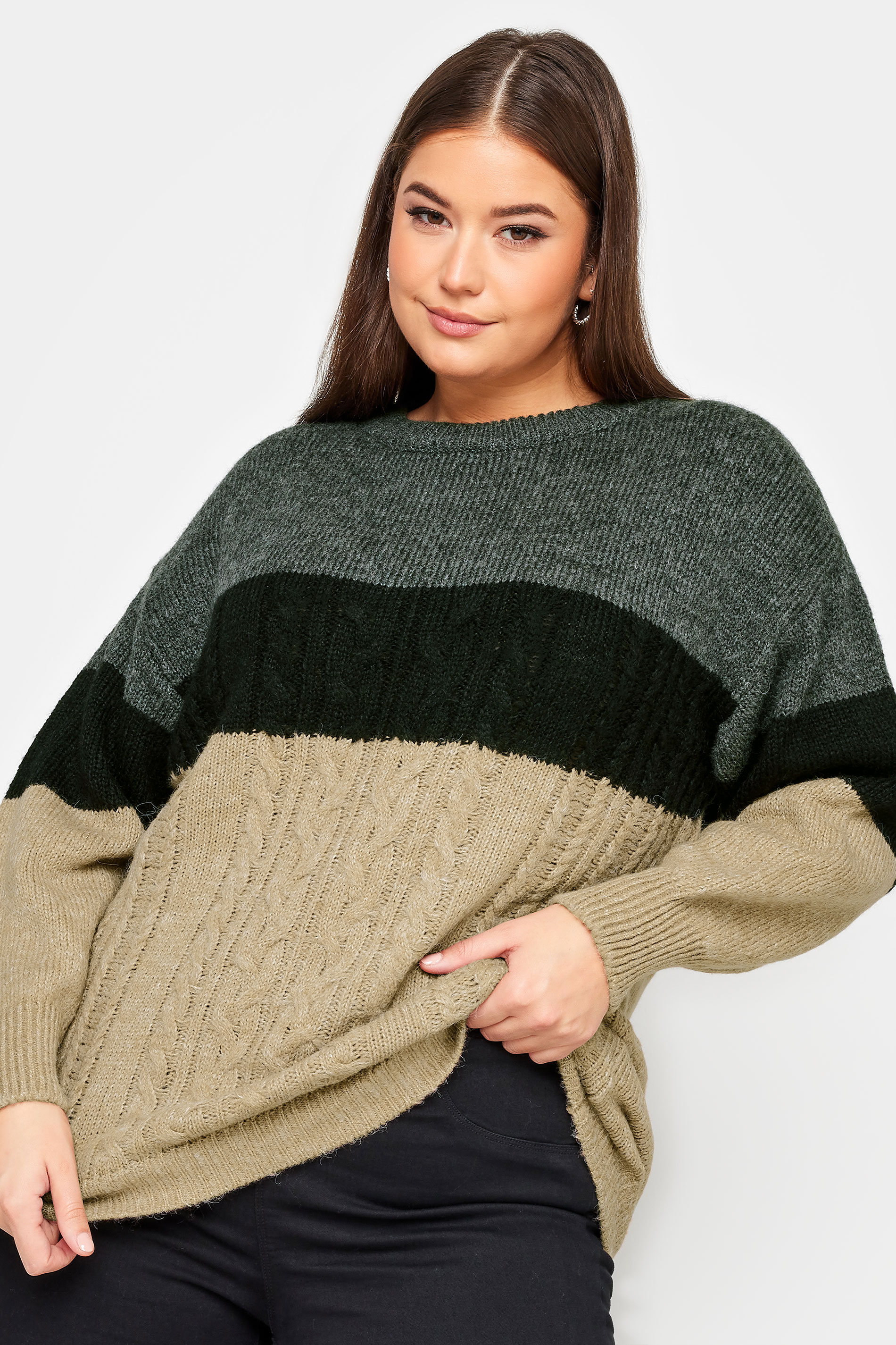 YOURS Plus Size Beige Brown Colourblock Cable Knit Jumper | Yours Clothing 1
