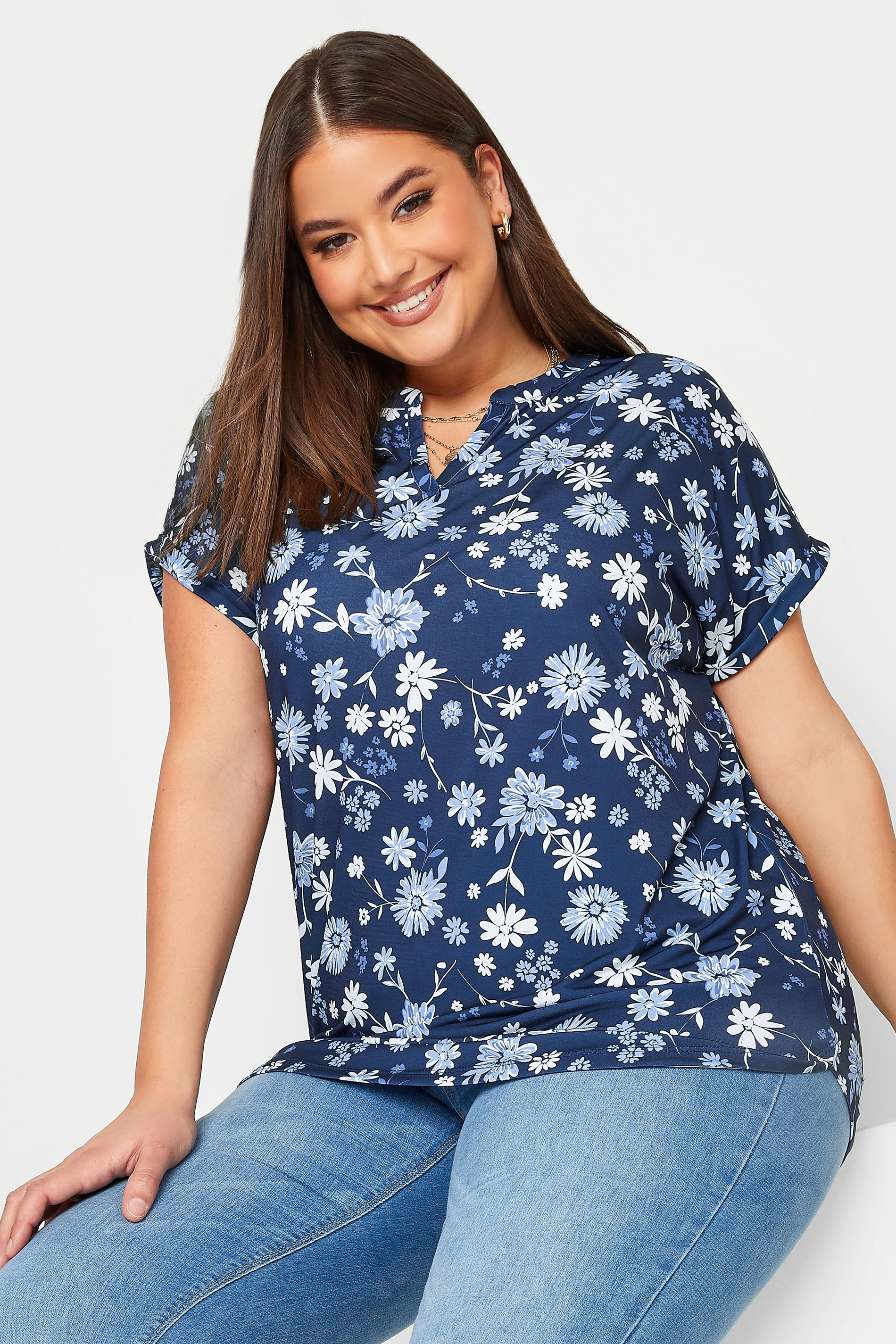 YOURS Curve Plus Size Navy Blue Floral V-Neck T-Shirt | Yours Clothing  1