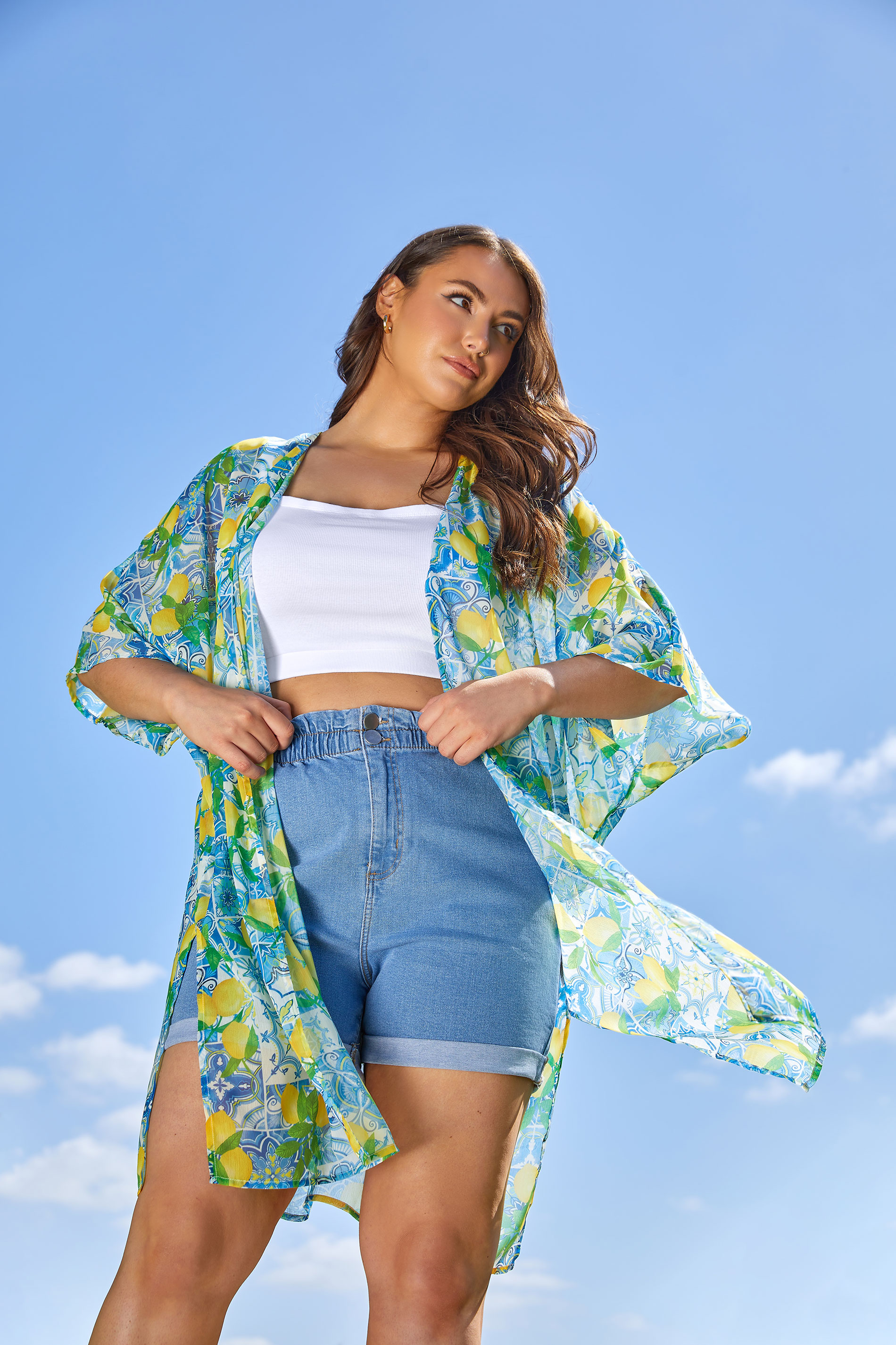 YOURS Plus Size Blue Lemon Print Beach Kimono | Yours Clothing 1