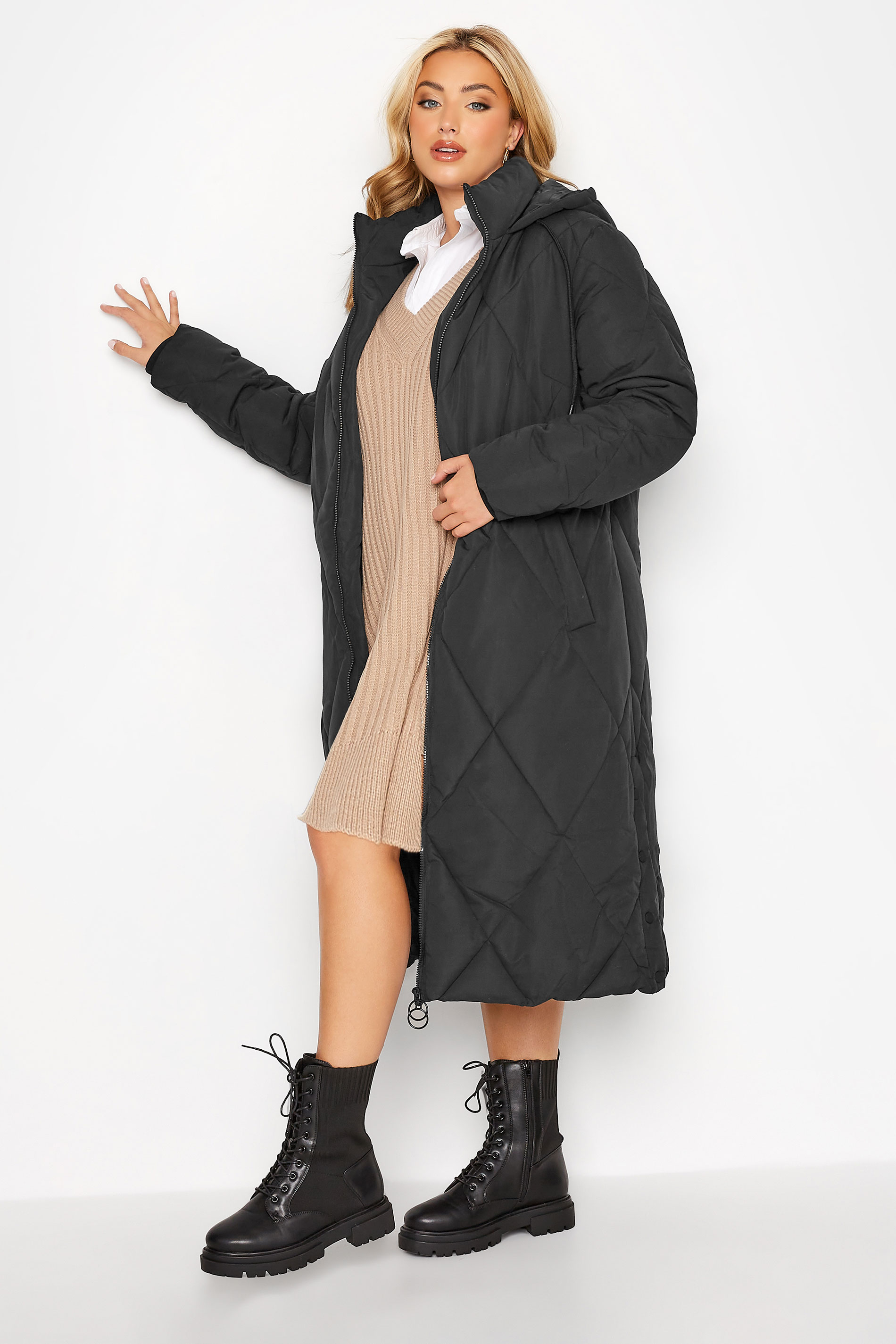 Plus Size Black Quilted Midaxi Coat | Yours Clothing 1