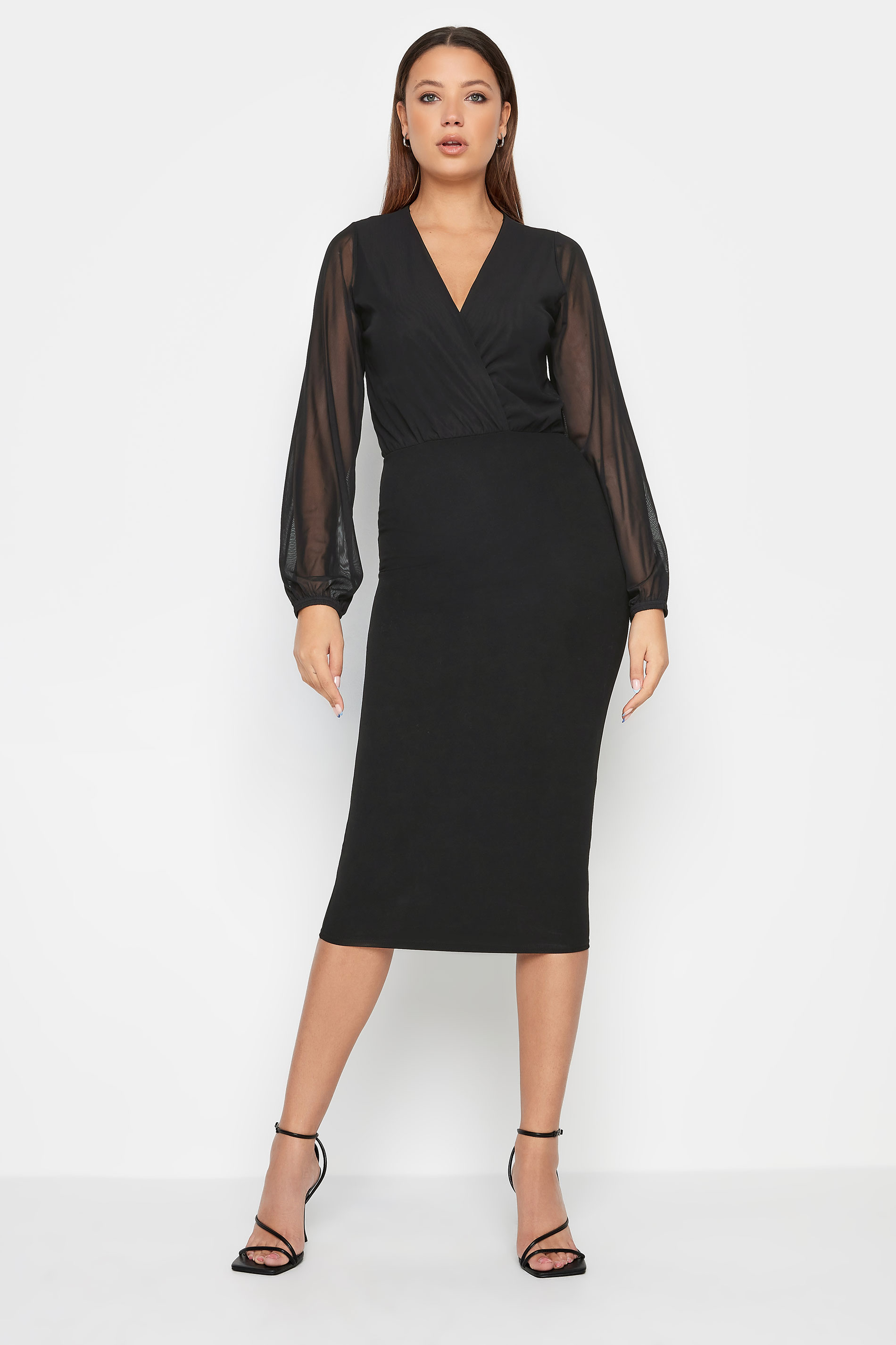 LTS Tall Black Mesh Sleeve Midi Wrap Dress | Long Tall Sally  2