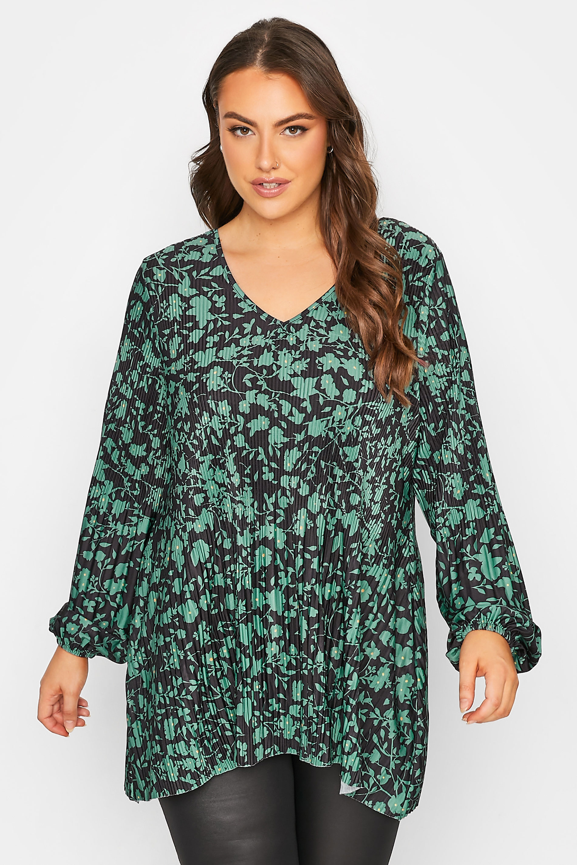 Plus Size Green Floral Print Plisse Pleated Top | Yours Clothing 1