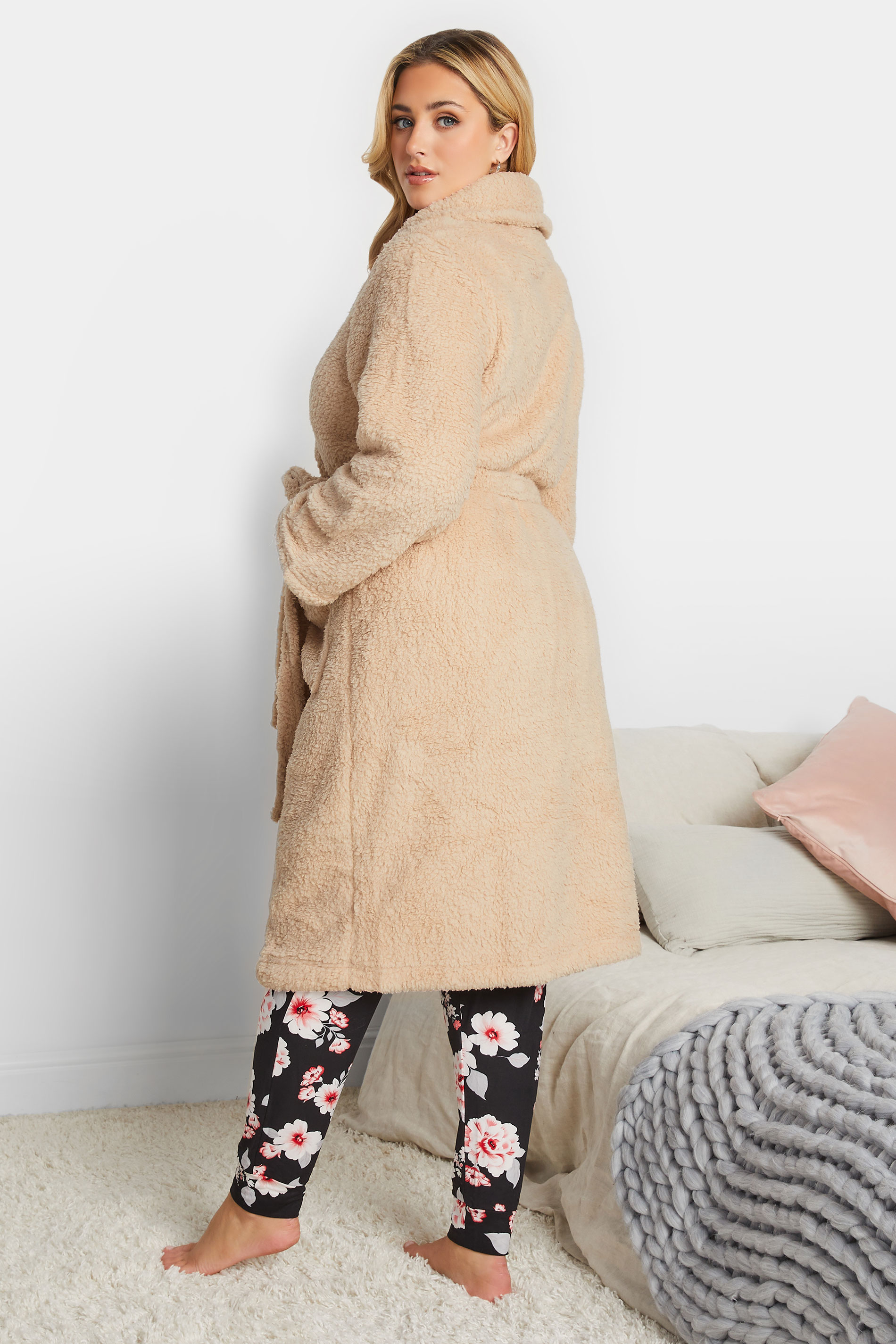 Plus Size Beige Brown Borg Fleece Dressing Gown | Yours Clothing 3