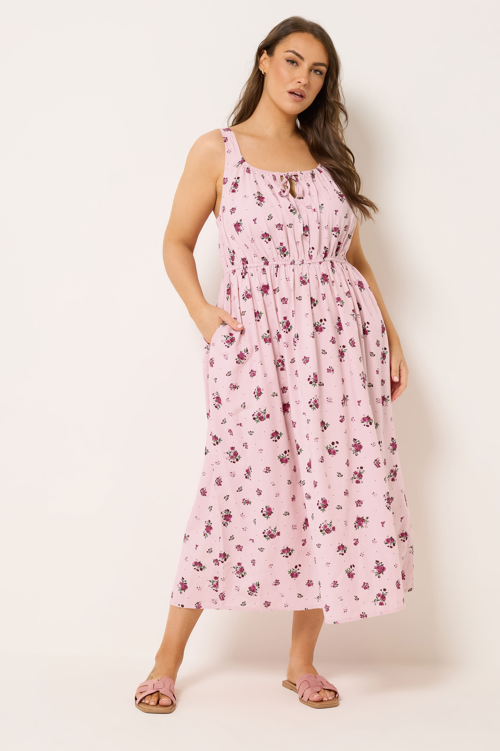 YOURS Plus Size Pink Floral Linen Milkmaid Dress | Yours Clothing 1