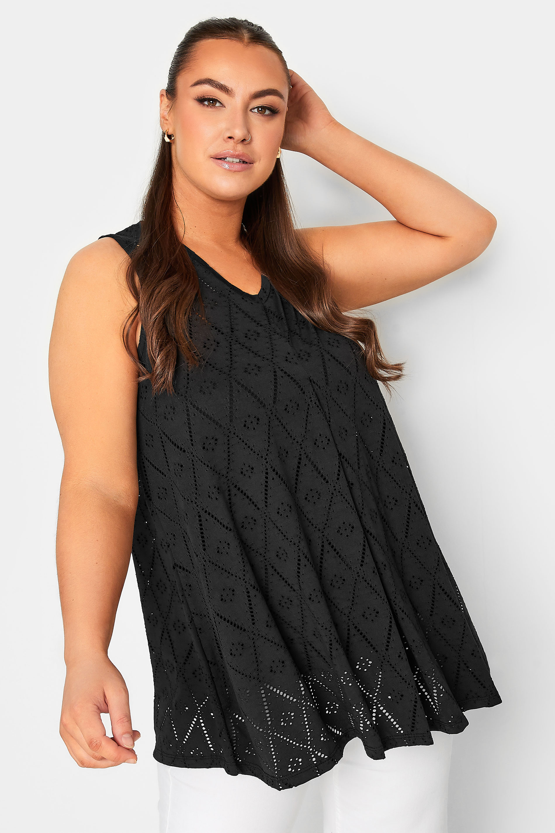 YOURS Curve Plus Size Black Broderie Vest Top | Yours Clothing  1