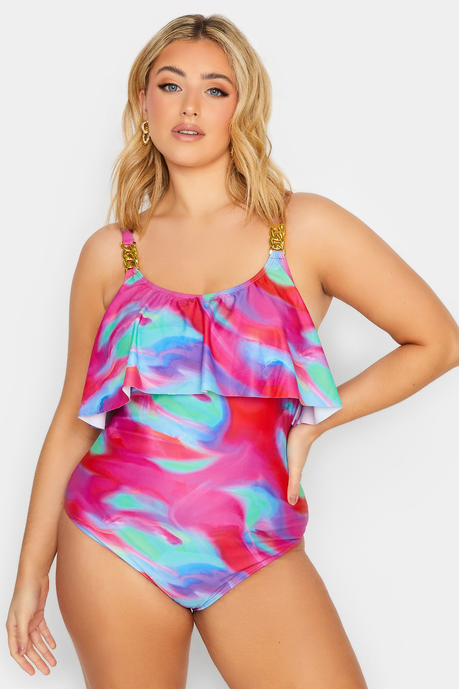 YOURS CurvePink Swirl Print Frill Chain Tummy Control Swimsuit | Yours Clothing 1