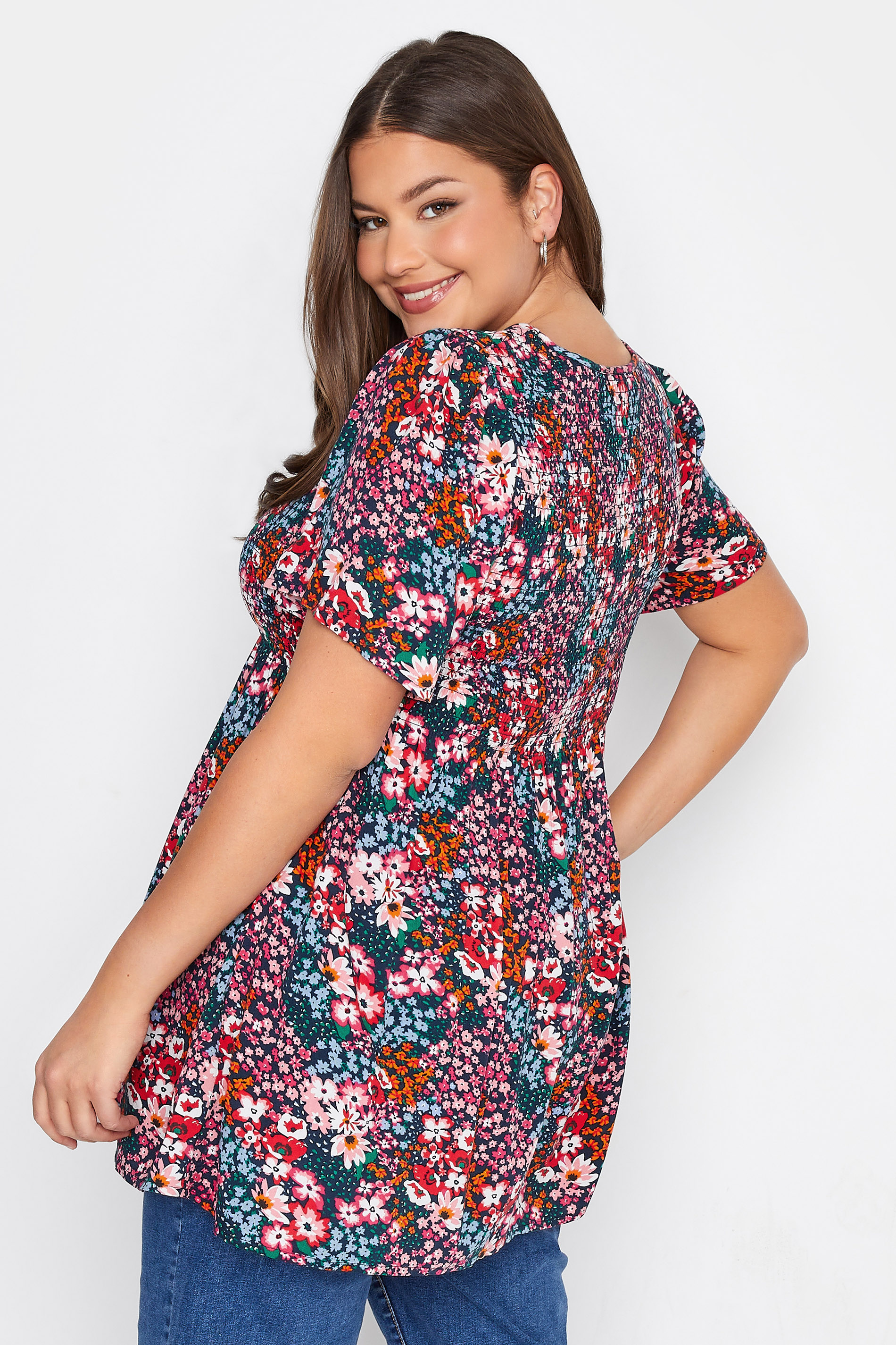 Plus Size Navy Blue Floral Print Shirred Top | Yours Clothing 3