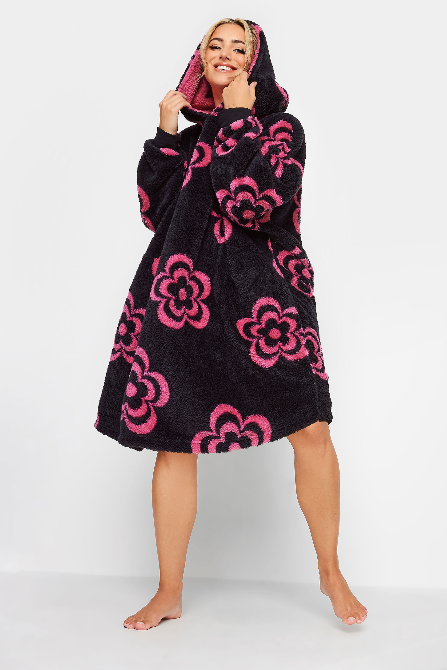 YOURS Curve Plus Size Black & Pink Floral Snuggle Hoodie | Yours Clothing  3