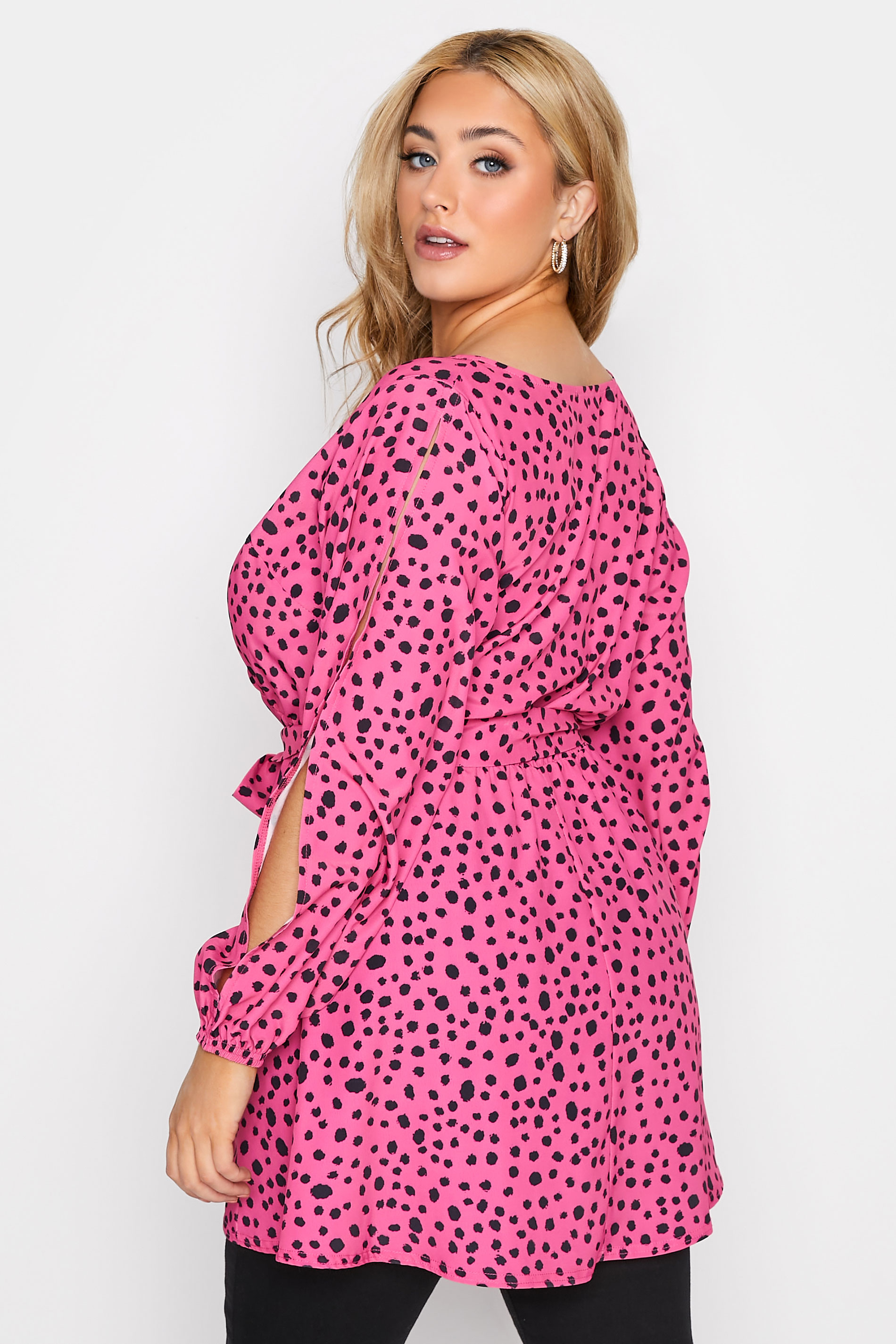 YOURS LONDON Plus Size Bright Pink Dalmatian Print Split Sleeve Wrap Top | Yours Clothing 3