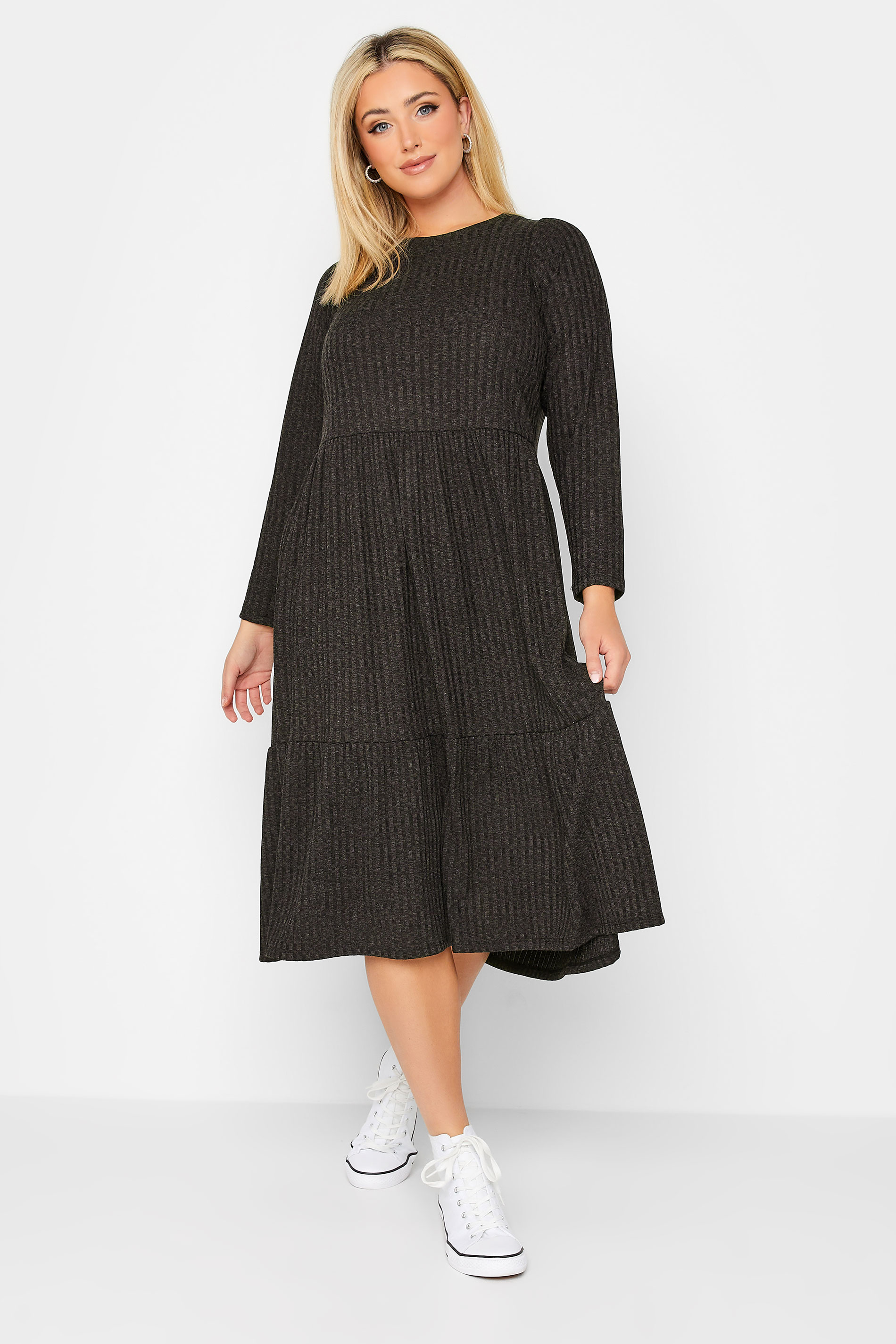 Curve Plus Size Charcoal Grey Ribbed Midi Tier Dress | Yours Clothing 1