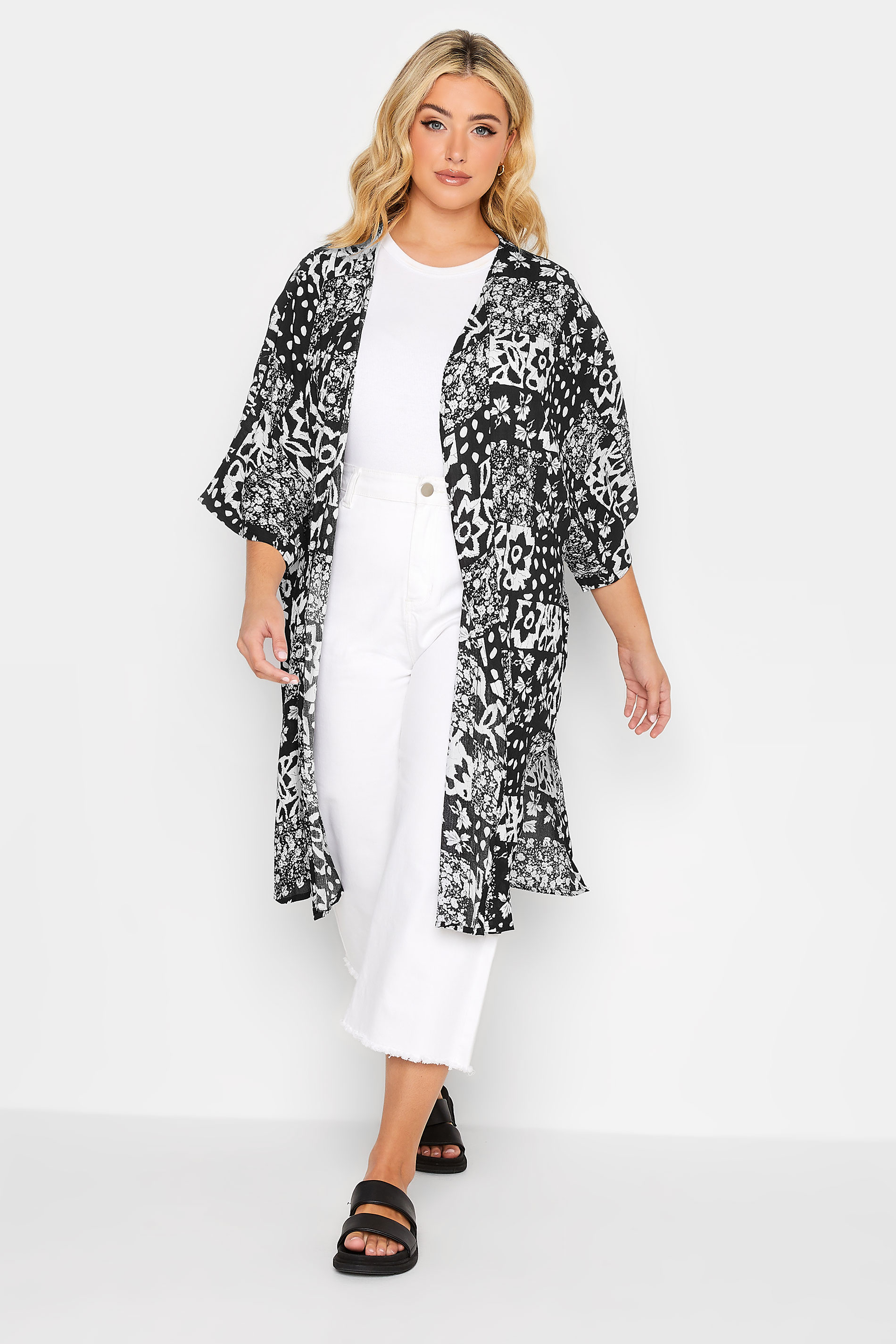 YOURS Curve Plus Size Black Tropical Print Longline Kimono | Yours Clothing  2