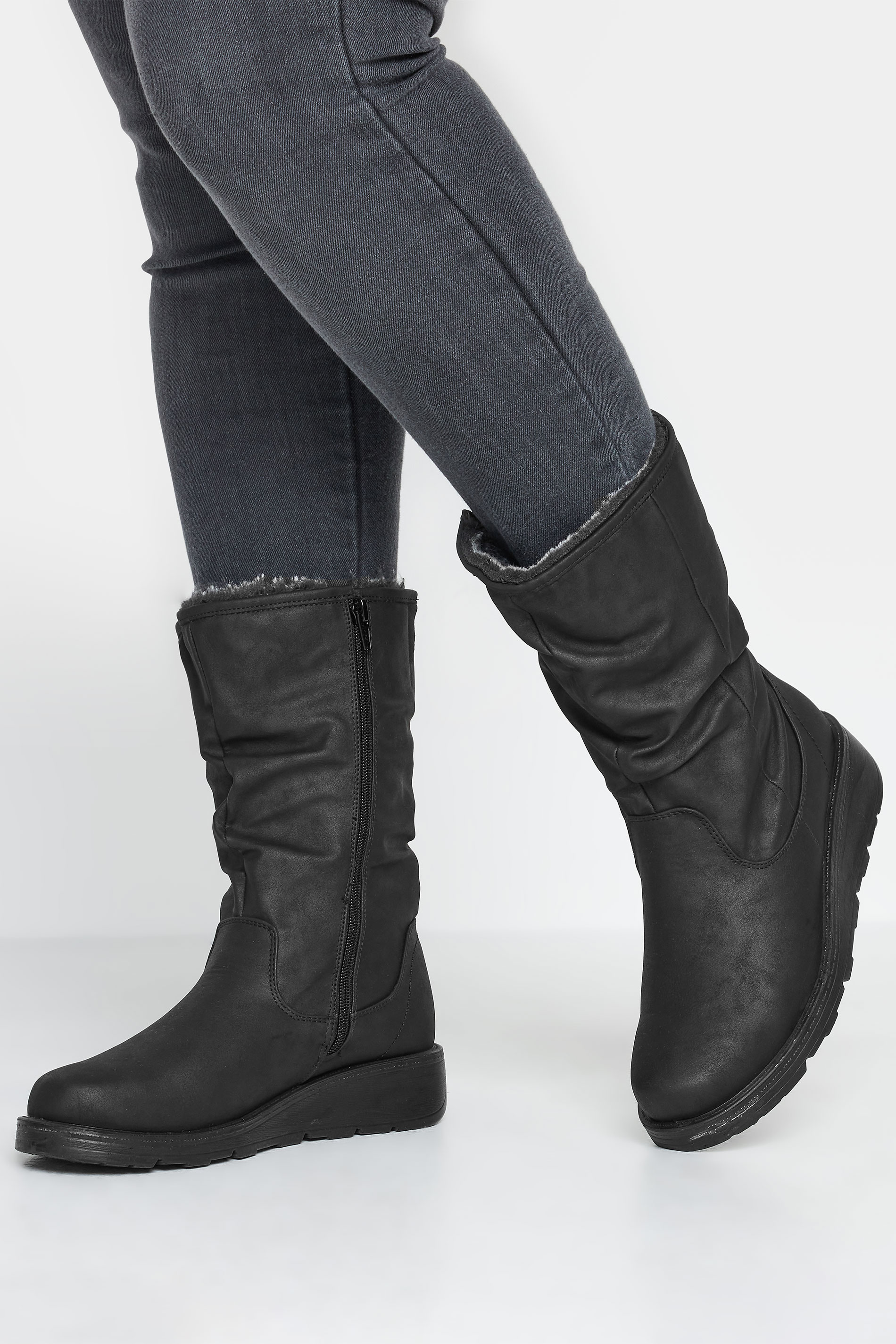 Black Fur Lined Calf Boots In Wide E Fit & Wide EEE Fit | Yours Clothing 1