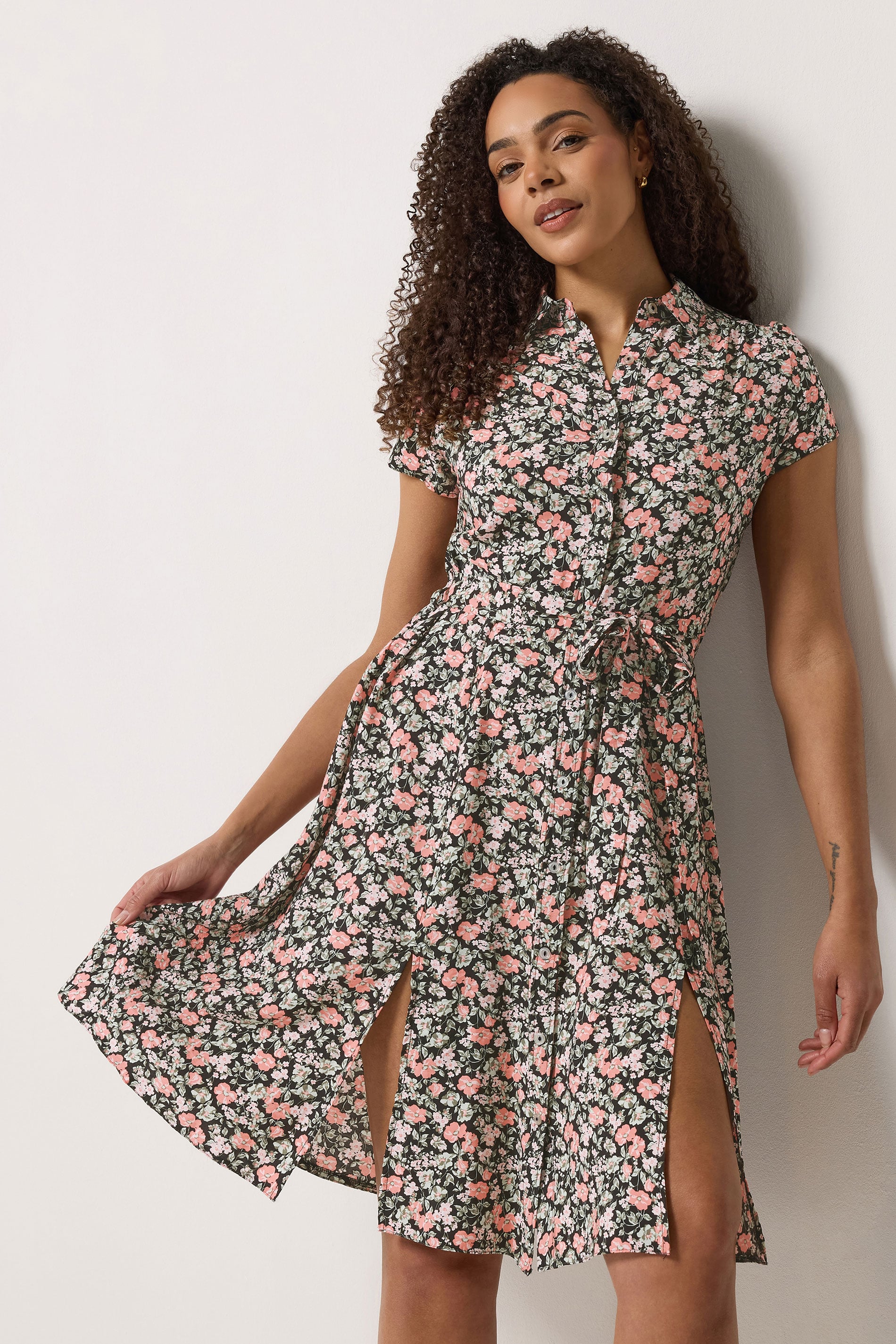 M&Co Black & Pink Floral Tie Waist Shirt Dress | M&Co 3