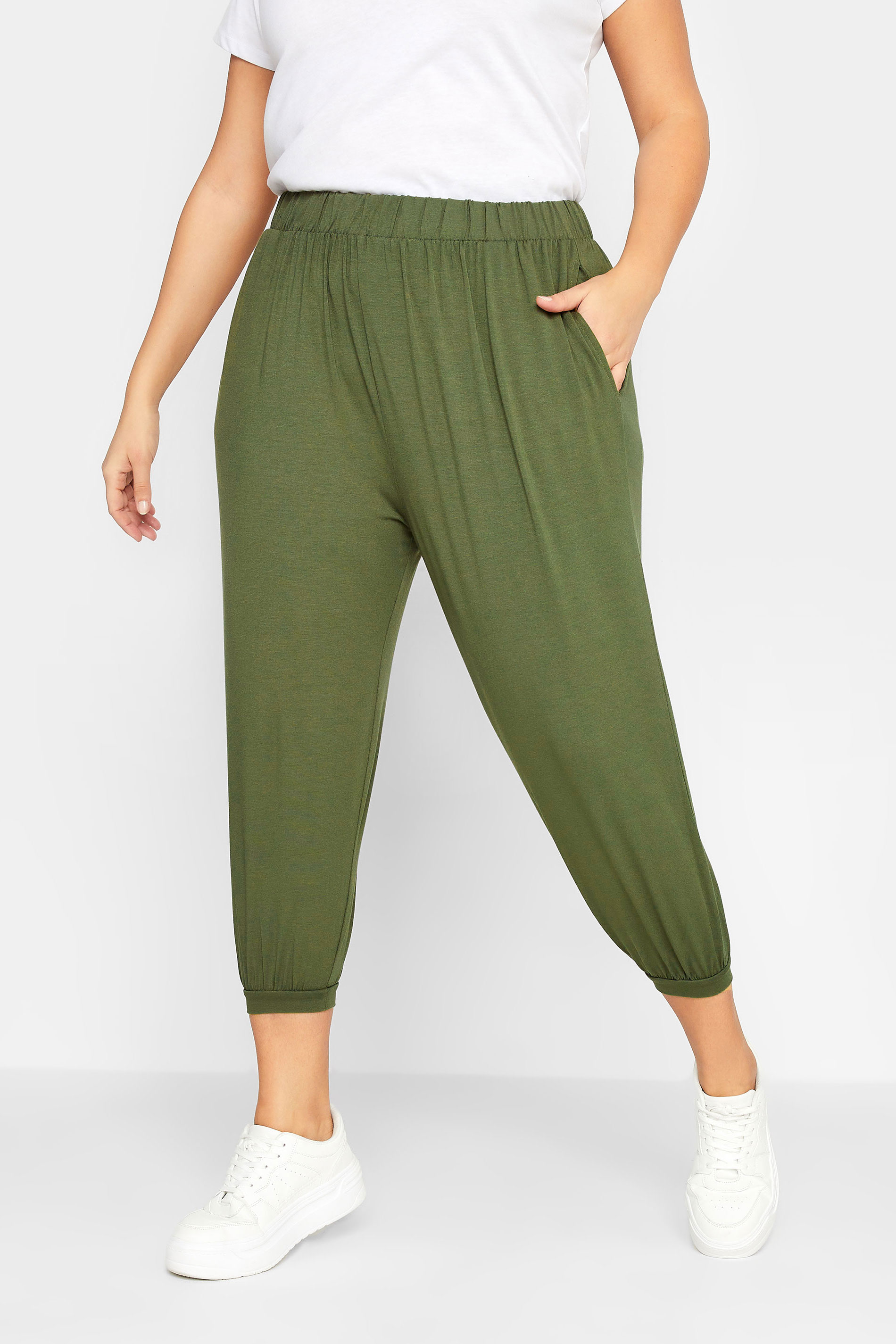 Plus Size Khaki Green Cropped Jersey Harem Joggers | Yours Clothing 1