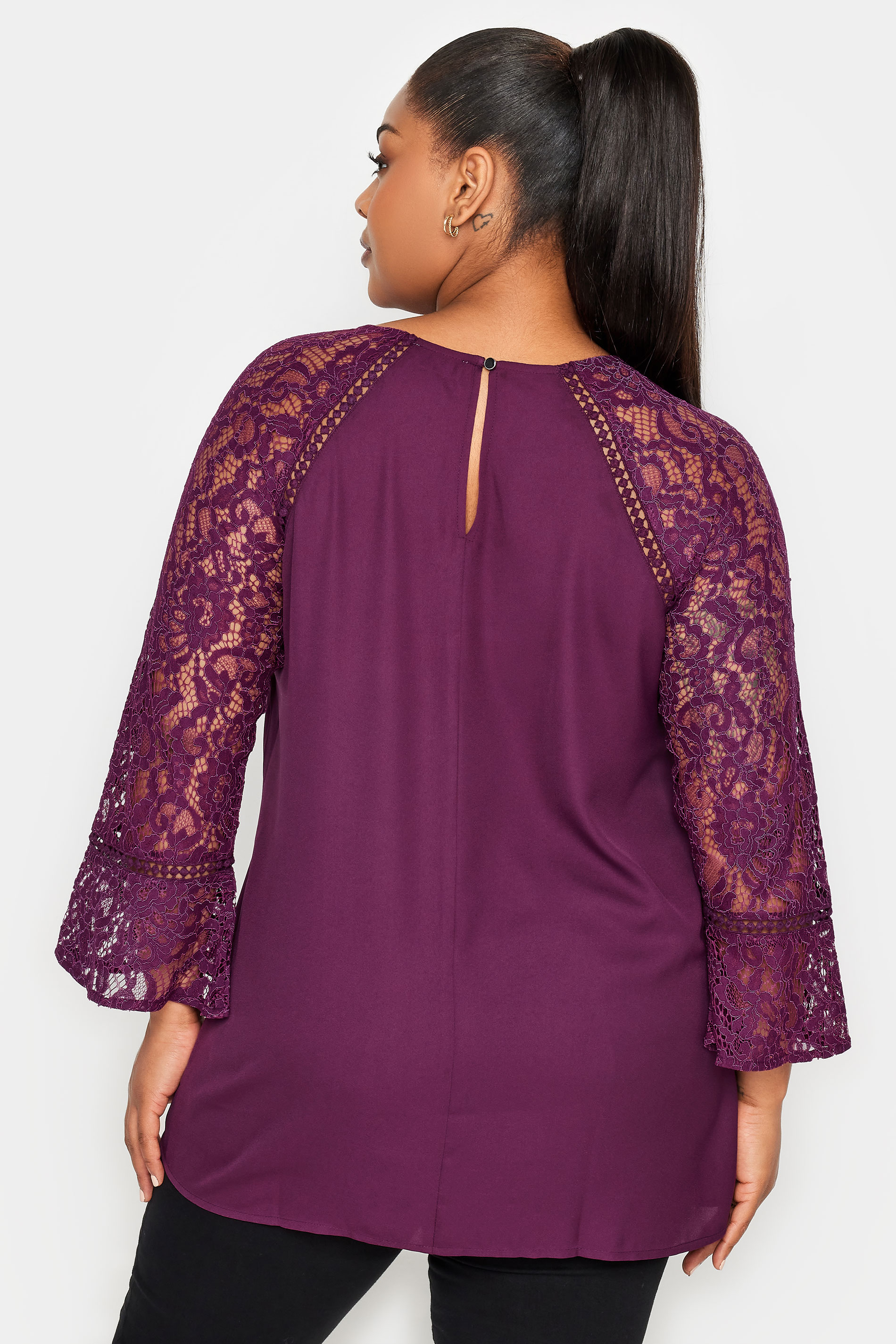 YOURS LONDON Curve Purple Lace Flute Sleeve Top | Yours Clothing 3