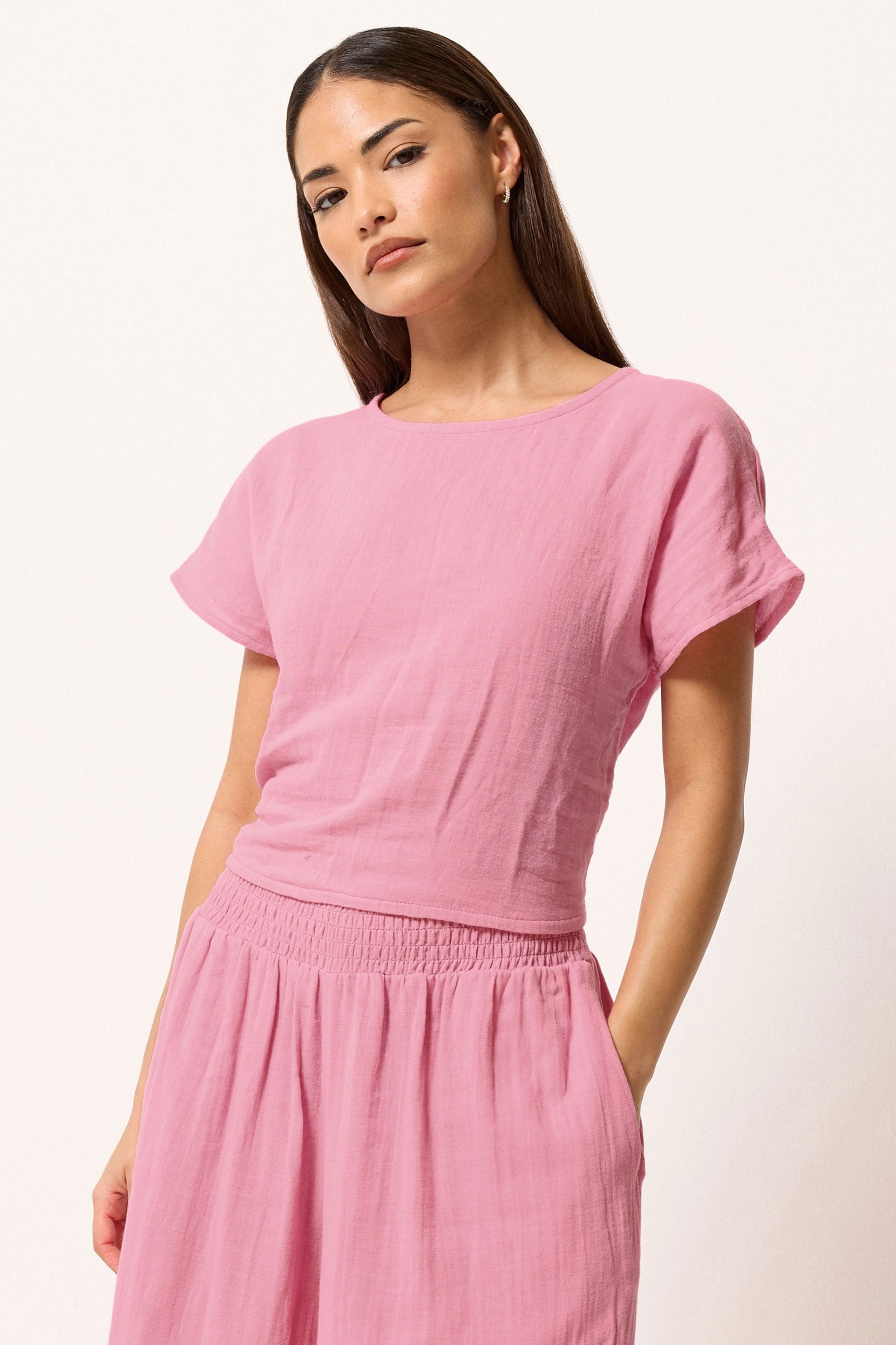 PixieGirl Petite Women's Set Pink Cotton Cheesecloth Top & Cropped Trousers | PixieGirl 2
