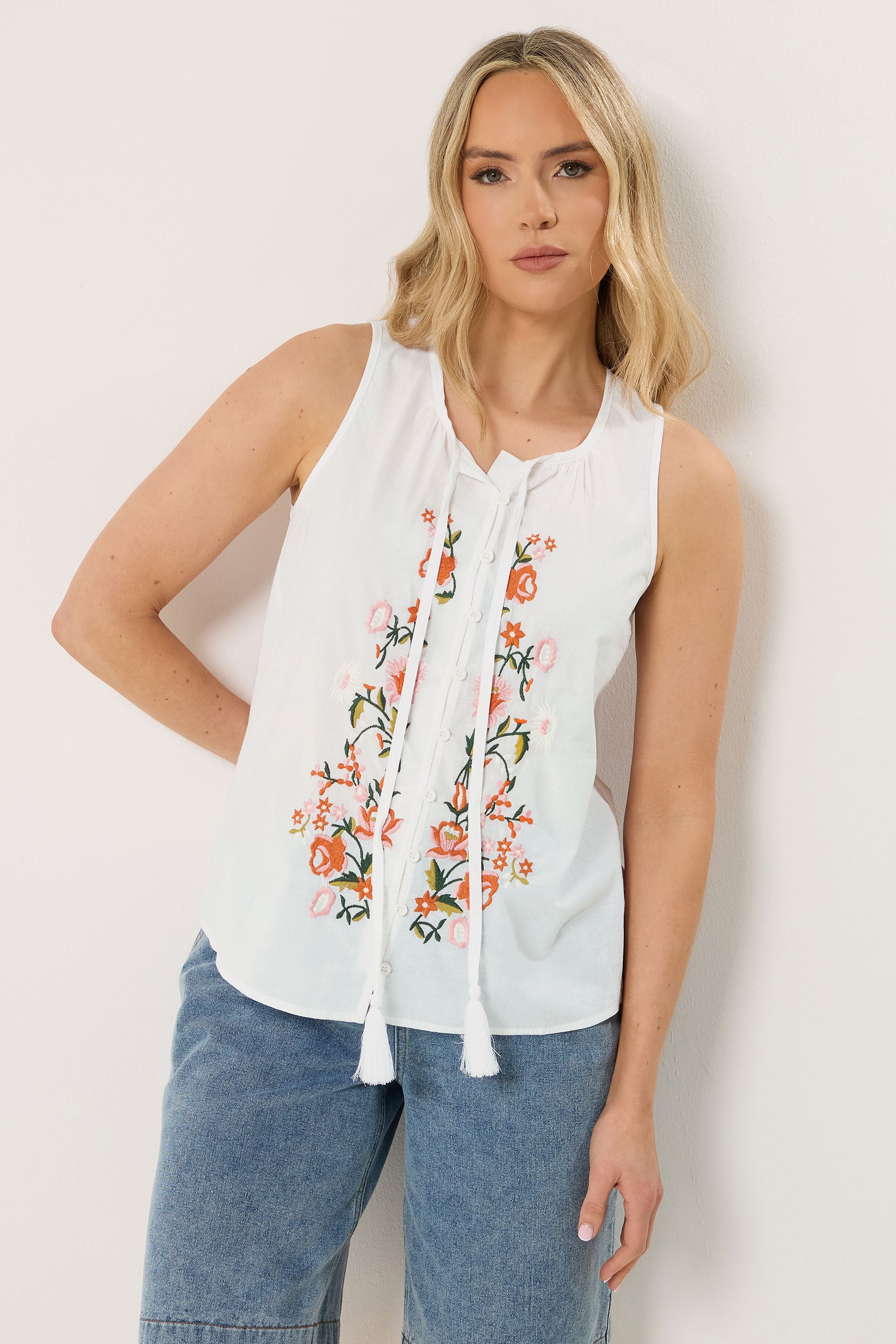 LTS Tall Women's White Floral Embroidered Vest Top | Long Tall Sally 1