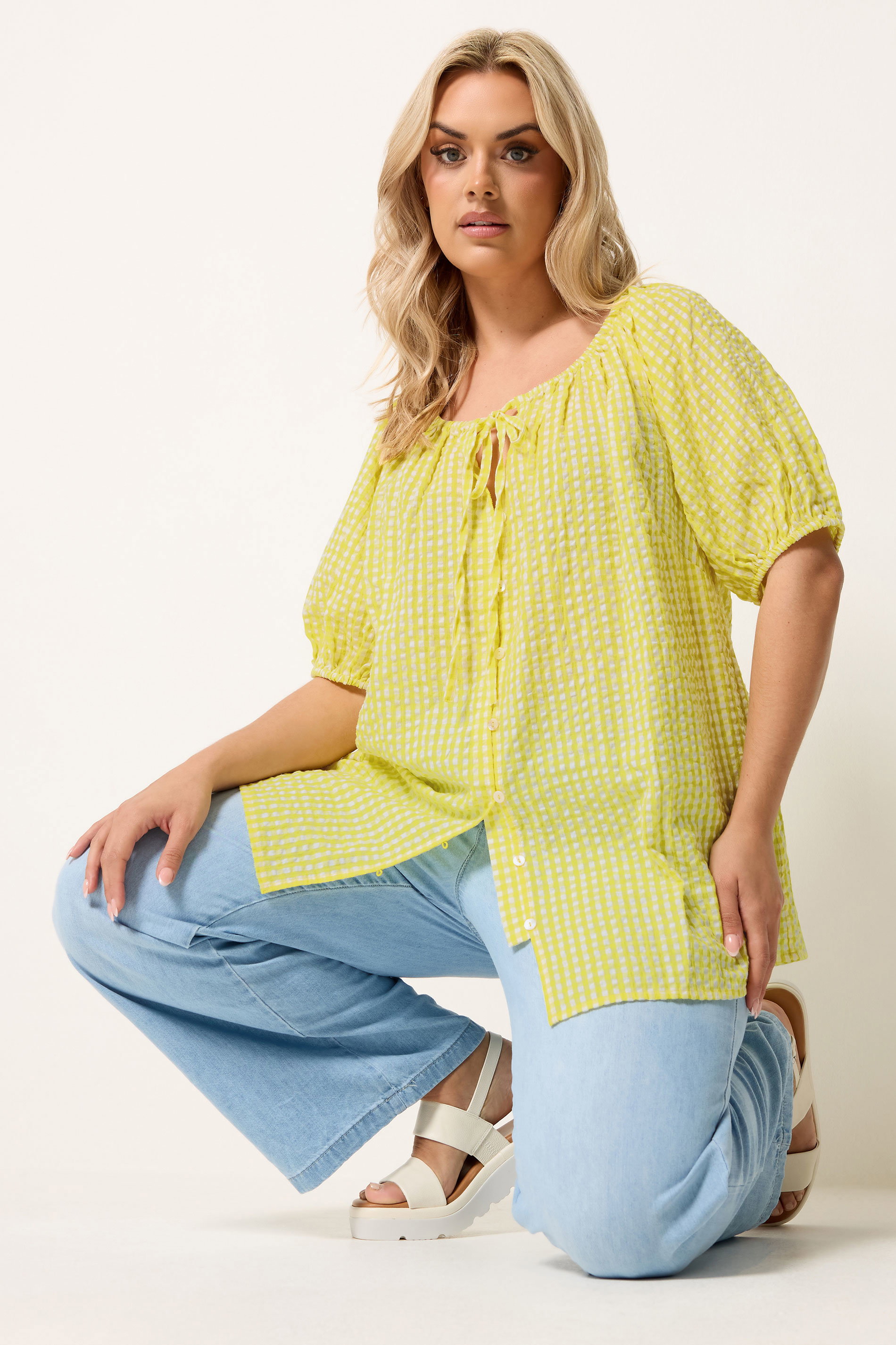 YOURS Plus Size Yellow Gingham Puff Sleeve Blouse | Yours Clothing 3