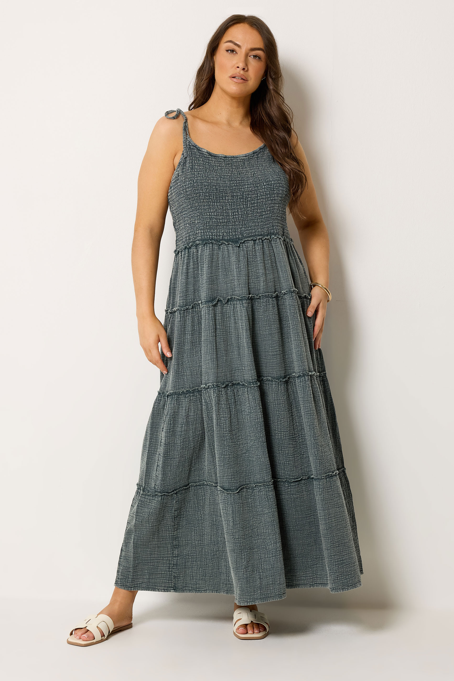 YOURS Plus Size Grey Cheesecloth Tiered Dress | Yours Clothing 1