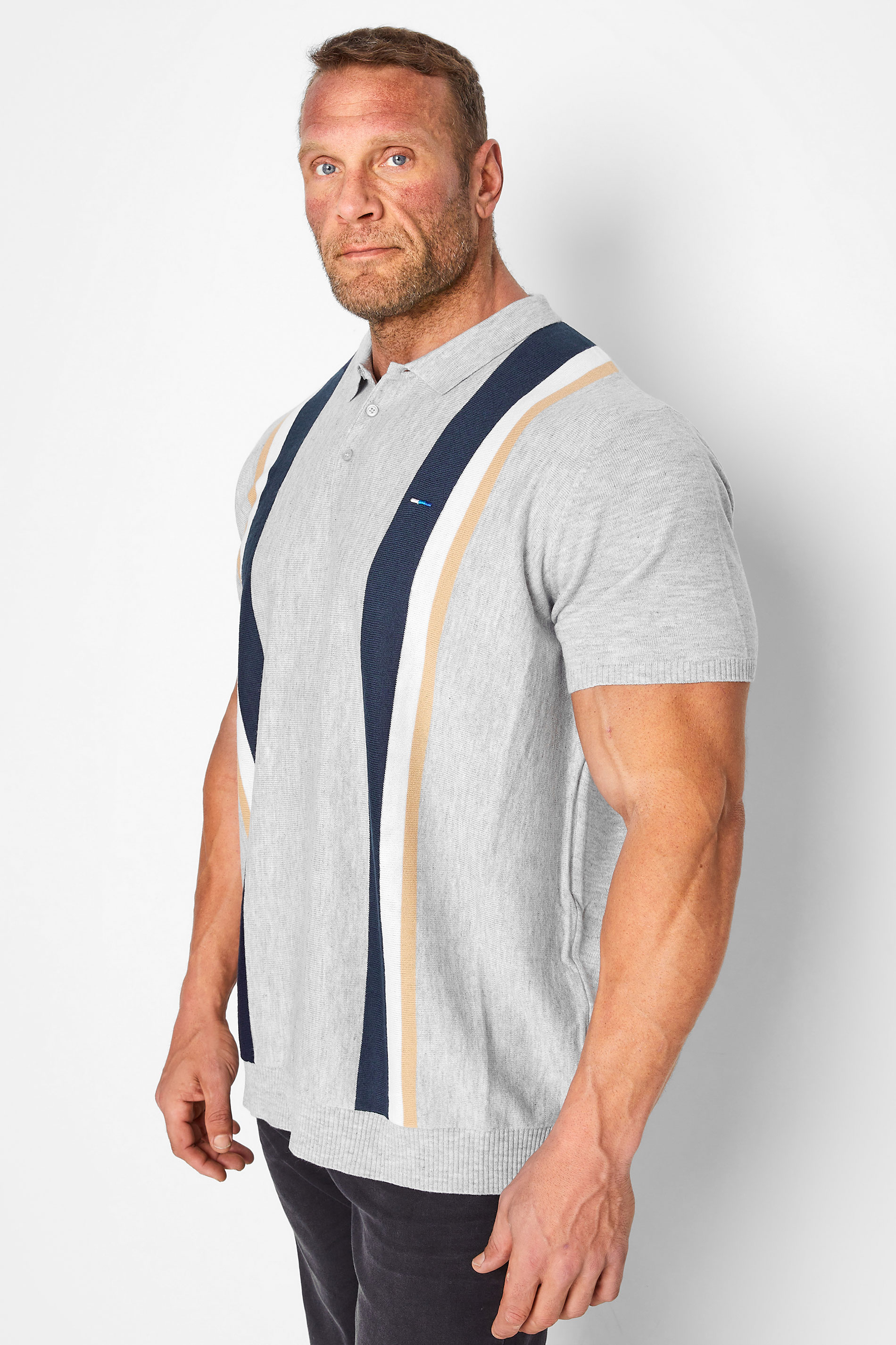 BadRhino Big & Tall Grey Vertical Stripe Knitted Polo Shirt 1