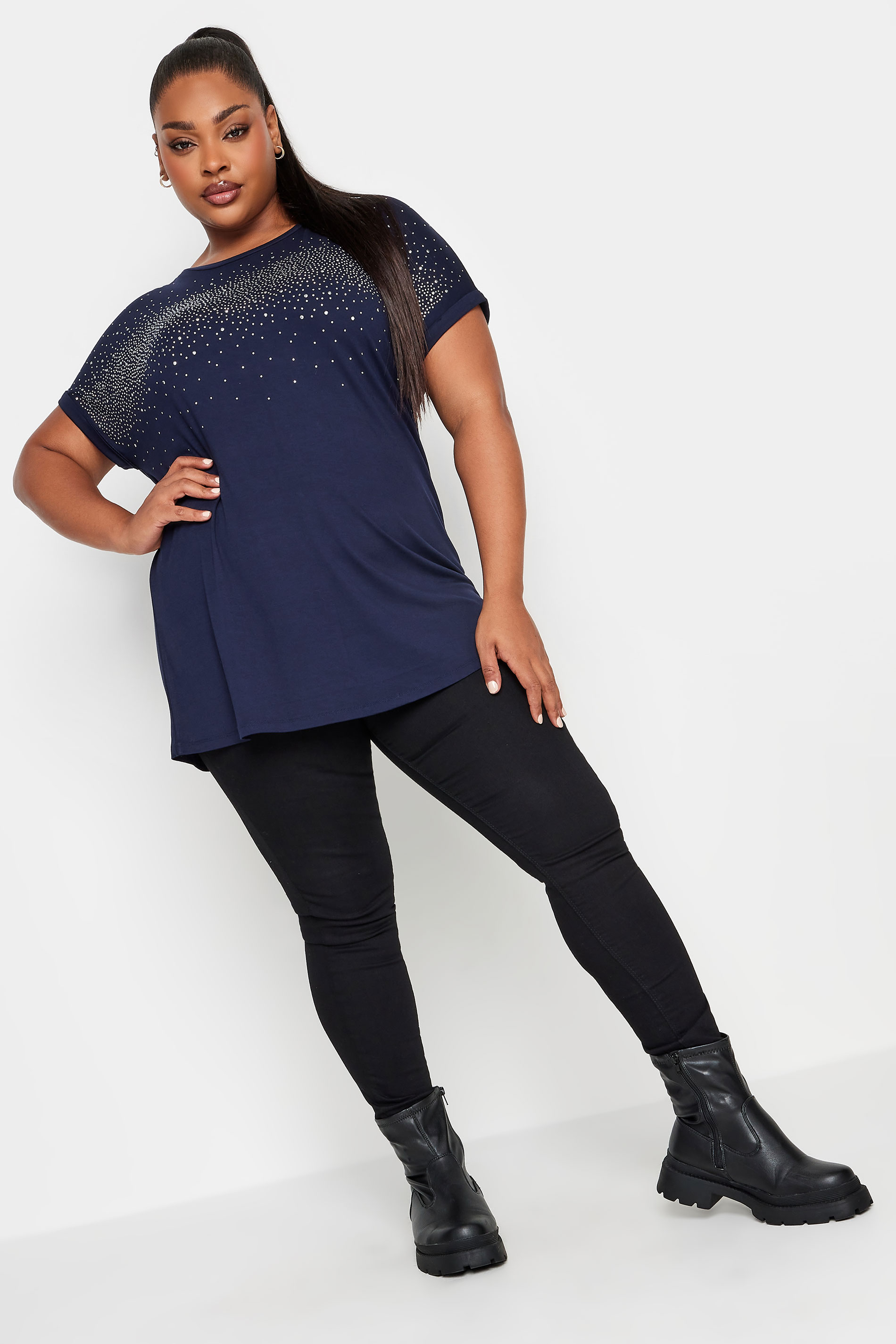 YOURS Plus Size Navy Blue Diamante Detail T-Shirt | Yours Clothing 2