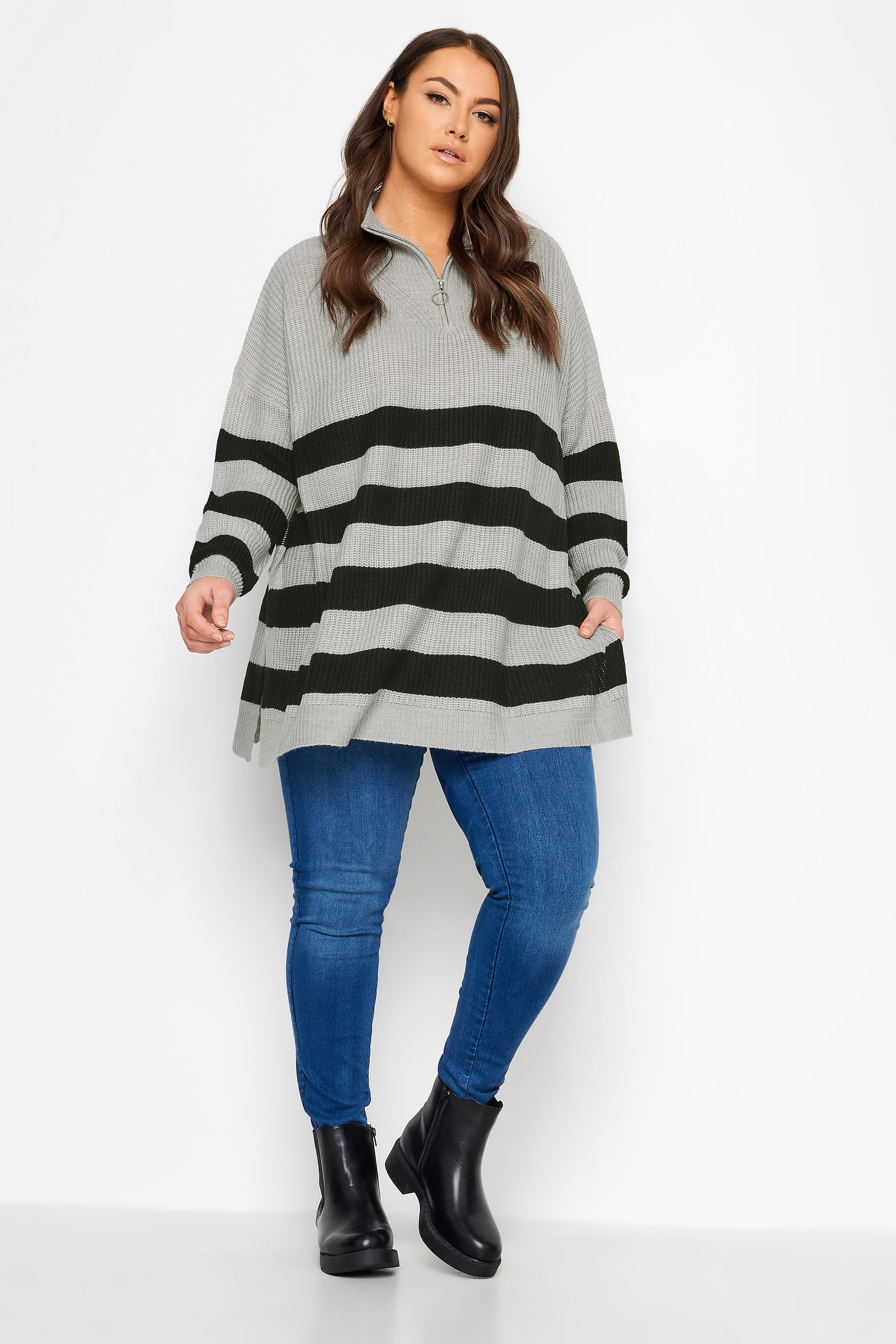 YOURS Plus Size Grey Stripe Quarter Zip Jumper | Yours Clothing 3
