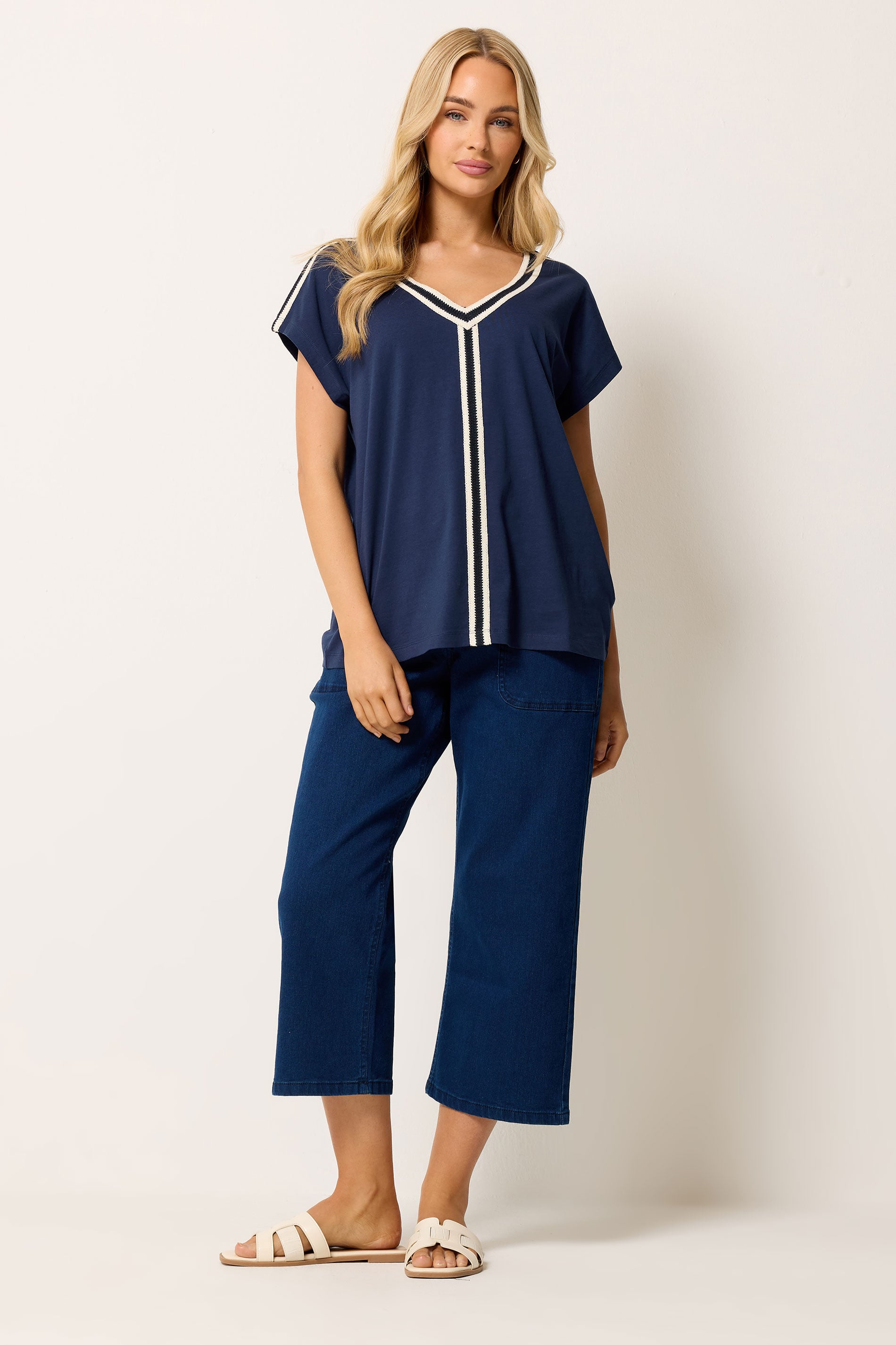 M&Co Navy Blue Contrast Trim Cotton Short Sleeve T-Shirt | M&Co 1