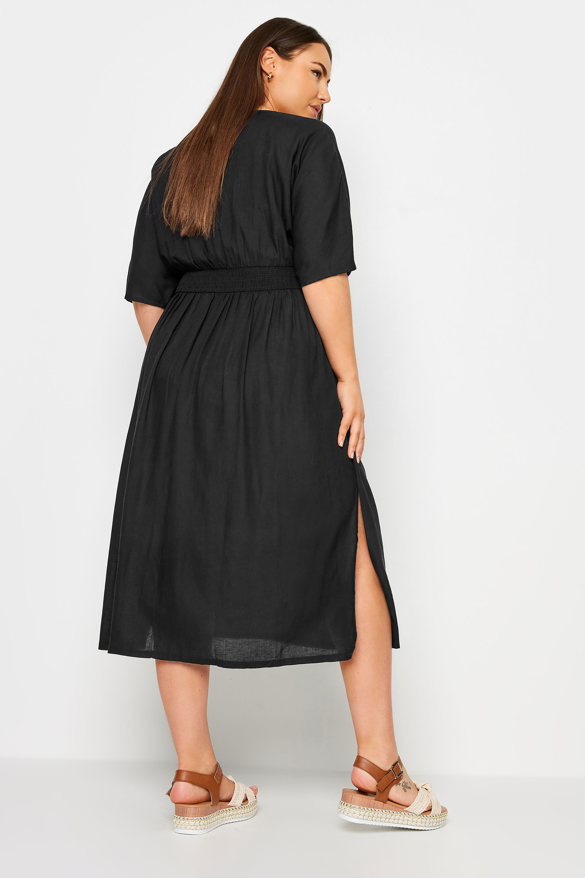 LIMITED COLLECTION Plus Size Black Linen Shirred Midaxi Dress | Yours Clothing 3