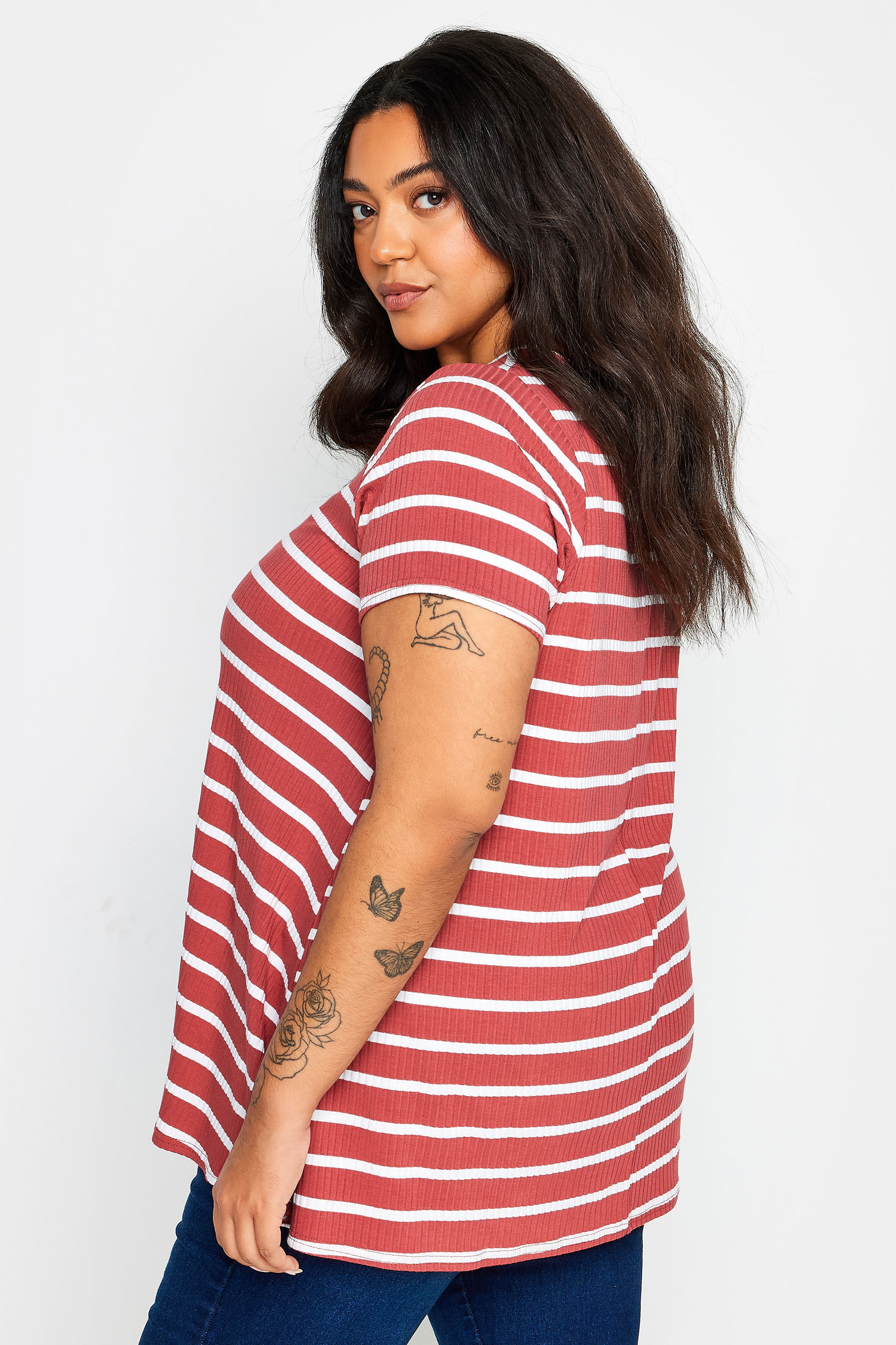 YOURS Plus Size Red Stripe Ribbed Swing T-Shirt | Yours Clothing 3