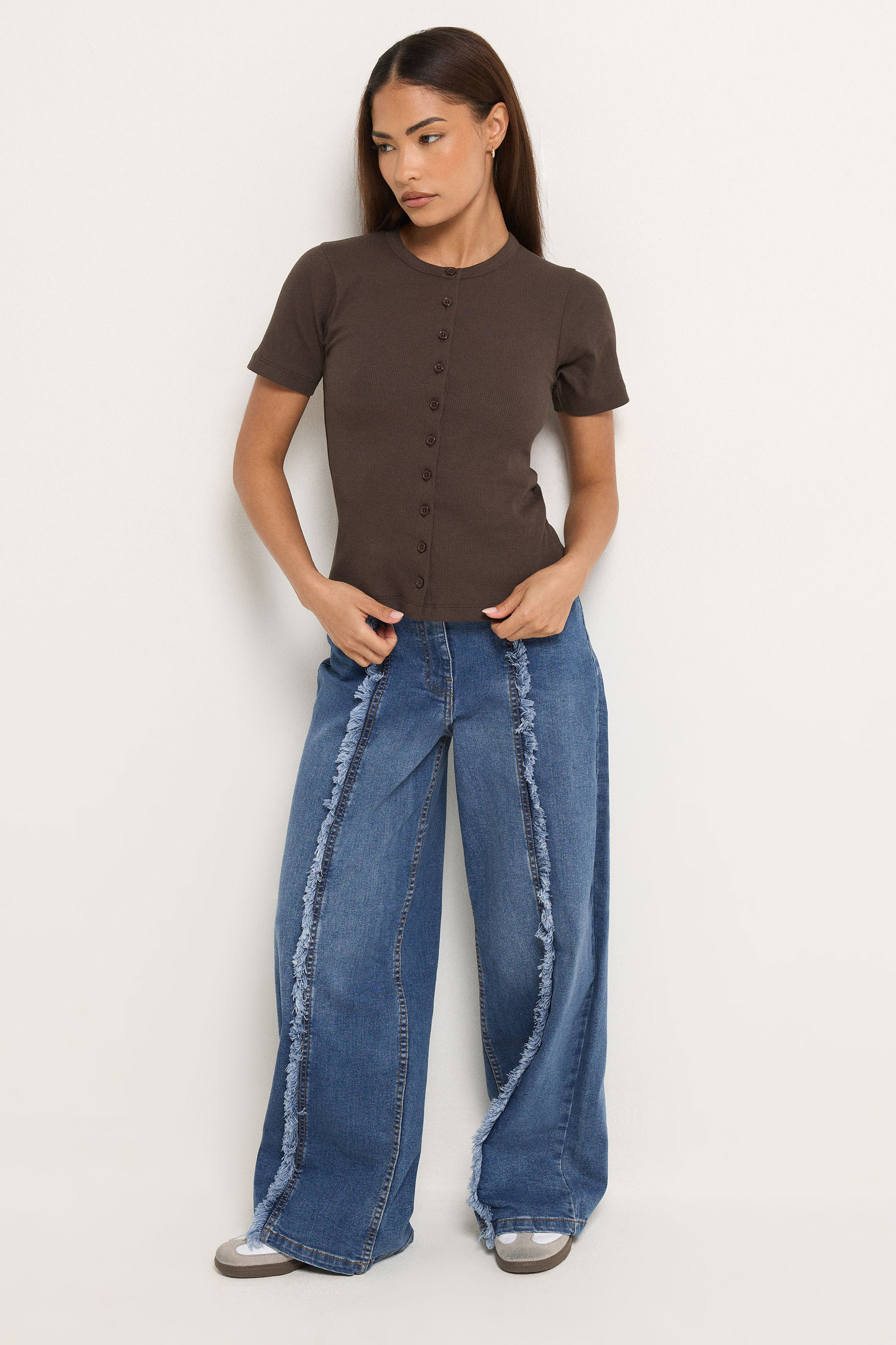 PixieGirl Petite Women's Mid Blue Frayed Seam Wide Leg Jeans | PixieGirl 1