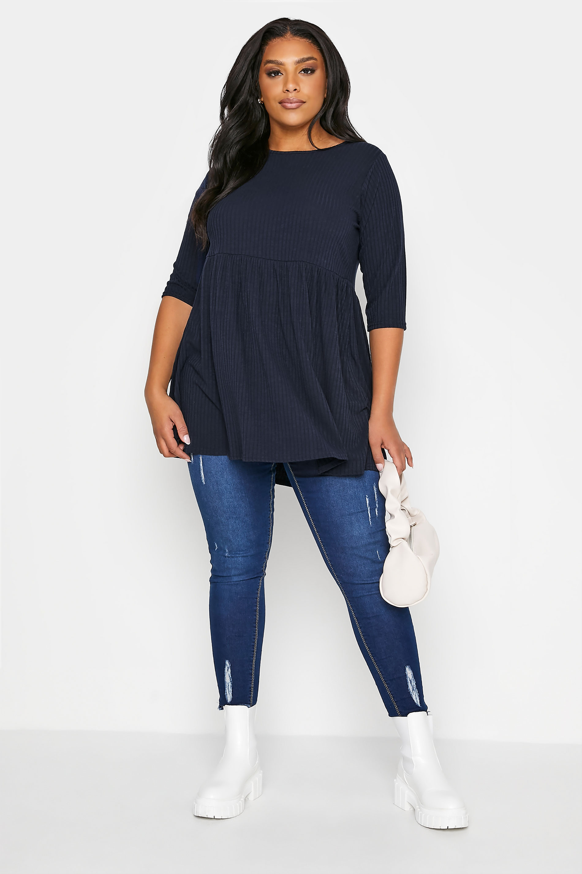 Navy Blue Ribbed Smock Top | Yours Clothing