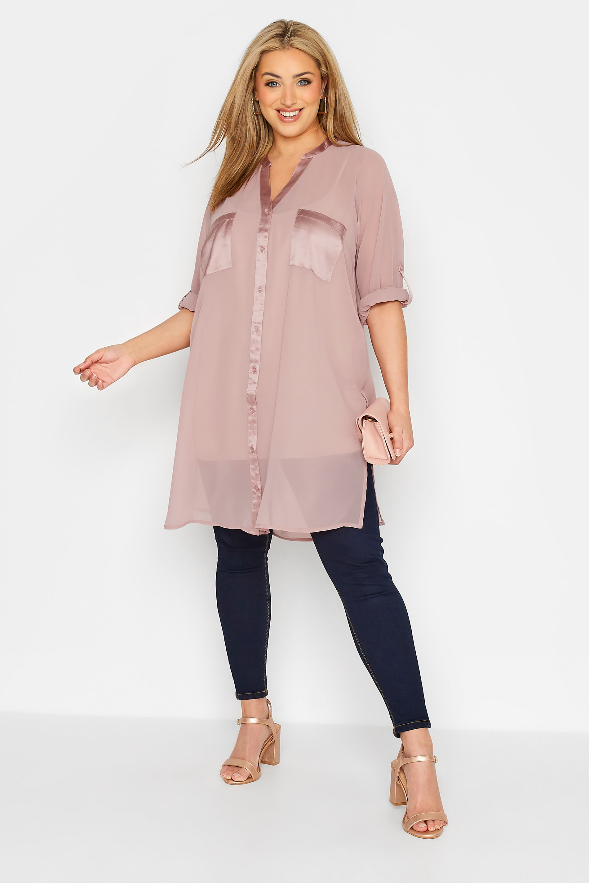 YOURS LONDON Plus Size Pink Satin Pocket Shirt | Yours Clothing 2
