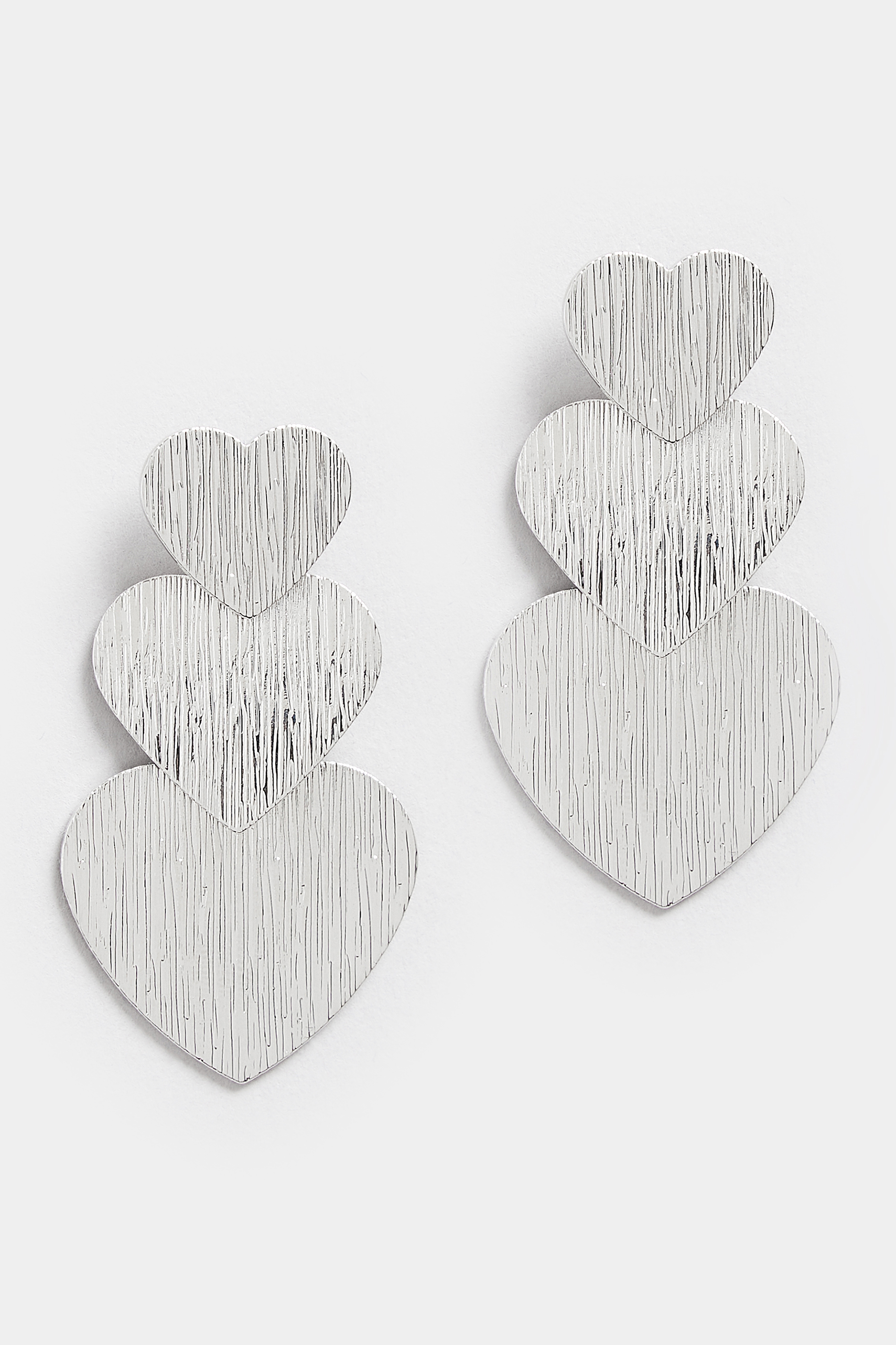 Silver Tone Triple Textured Heart Drop Earrings | Yours Clothing 2