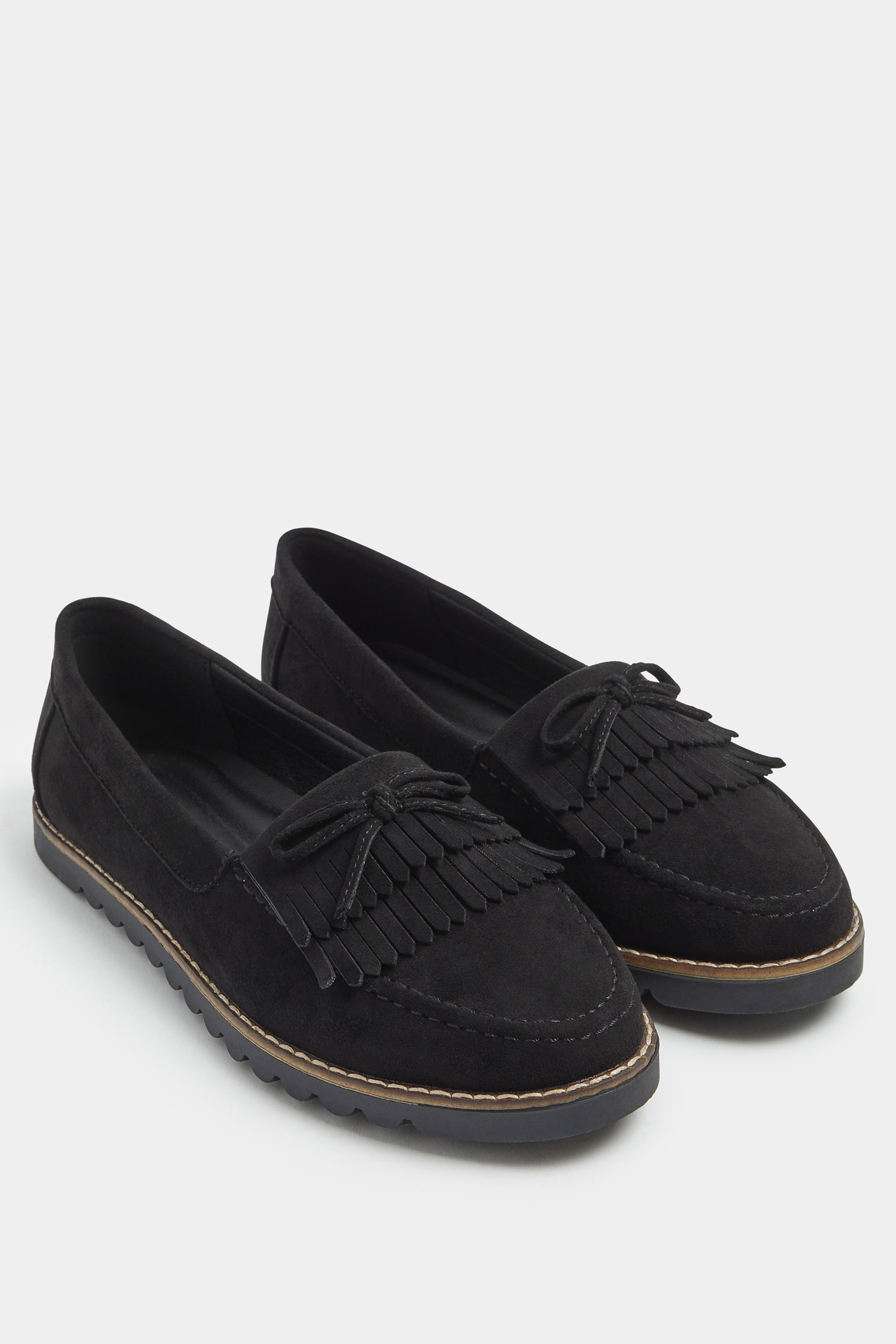 Black Faux Suede Fringe Loafers In Wide E Fit | Yours Clothing 1