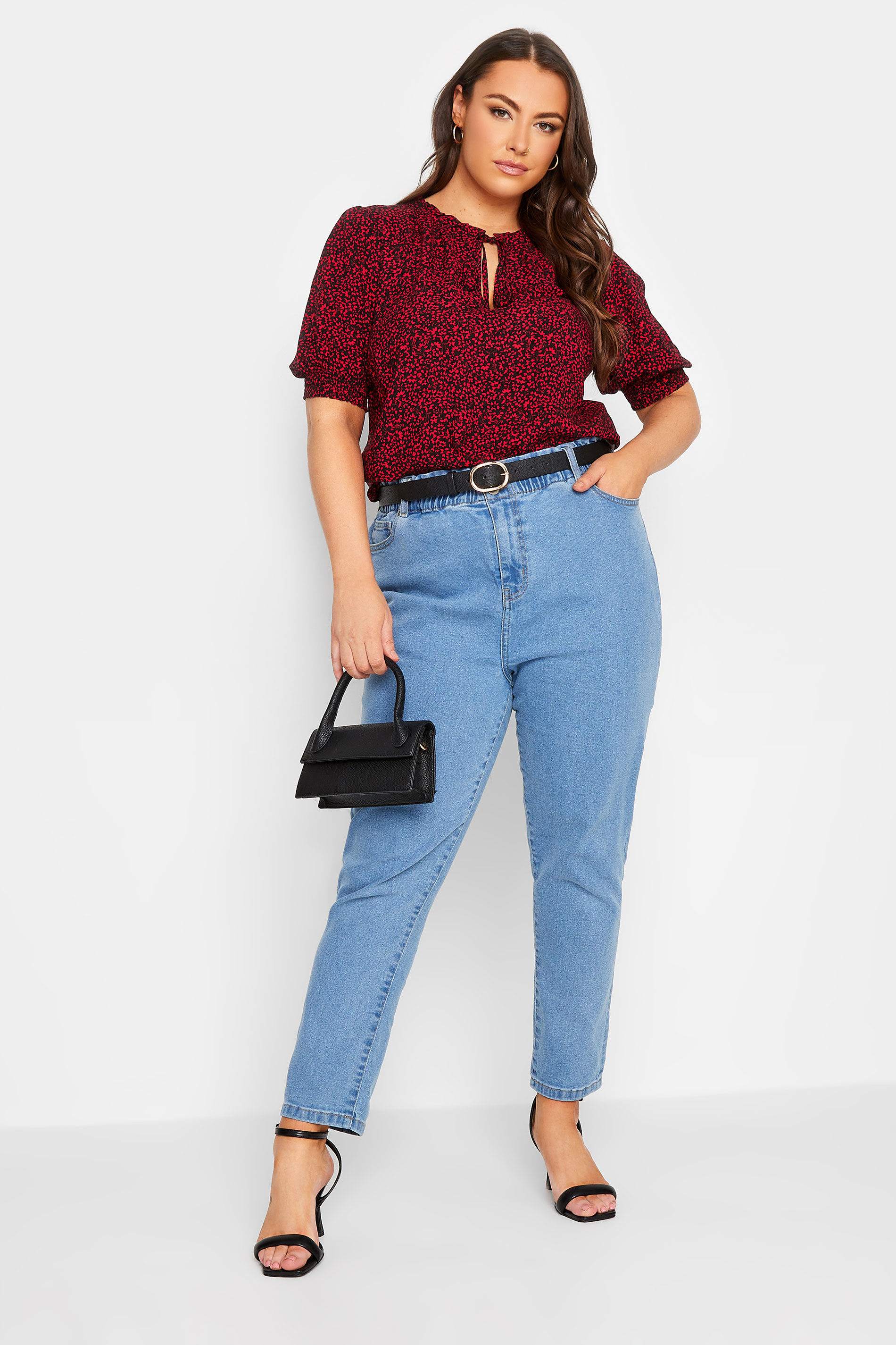 YOURS Plus Size Black & Red Floral Print Tie Neck Blouse | Yours Clothing 2