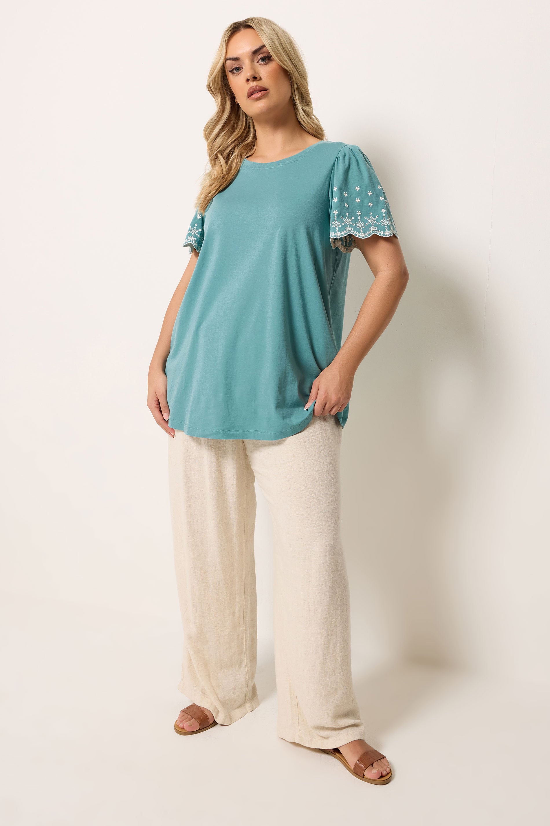 YOURS Plus Size Green Embroidered Sleeve T-Shirt | Yours Clothing 1