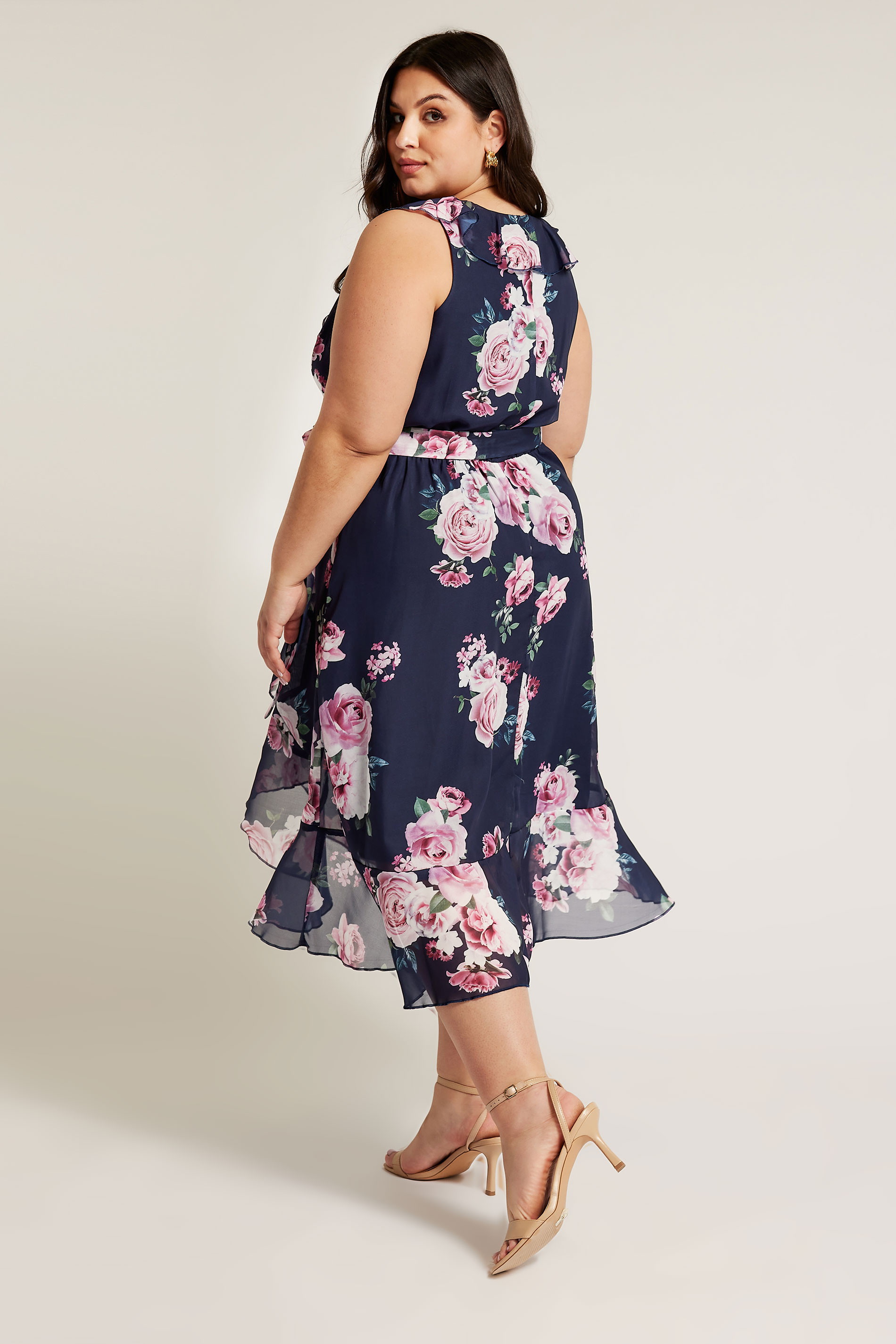 YOURS LONDON Plus Size Navy Blue Floral Ruffle Wrap Dress | Yours Clothing 3
