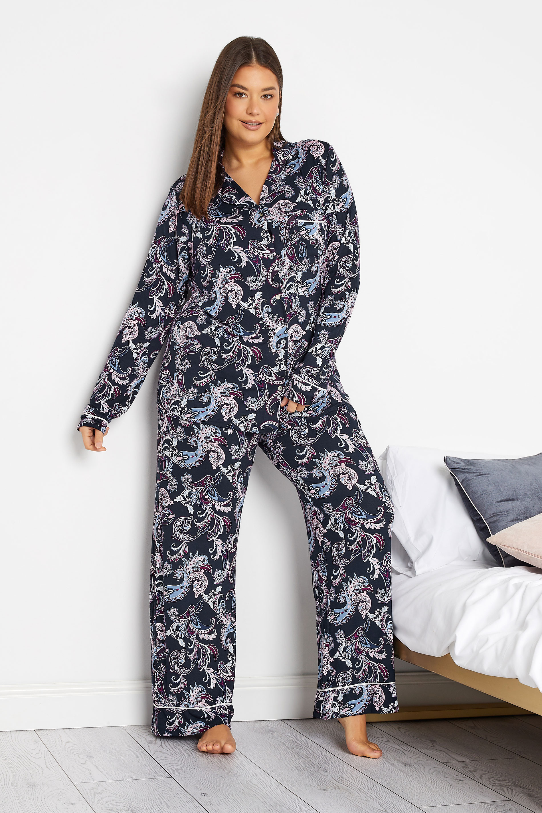 LTS Tall Women's Navy Blue Paisley Print Pyjama Set | Long Tall Sally  1