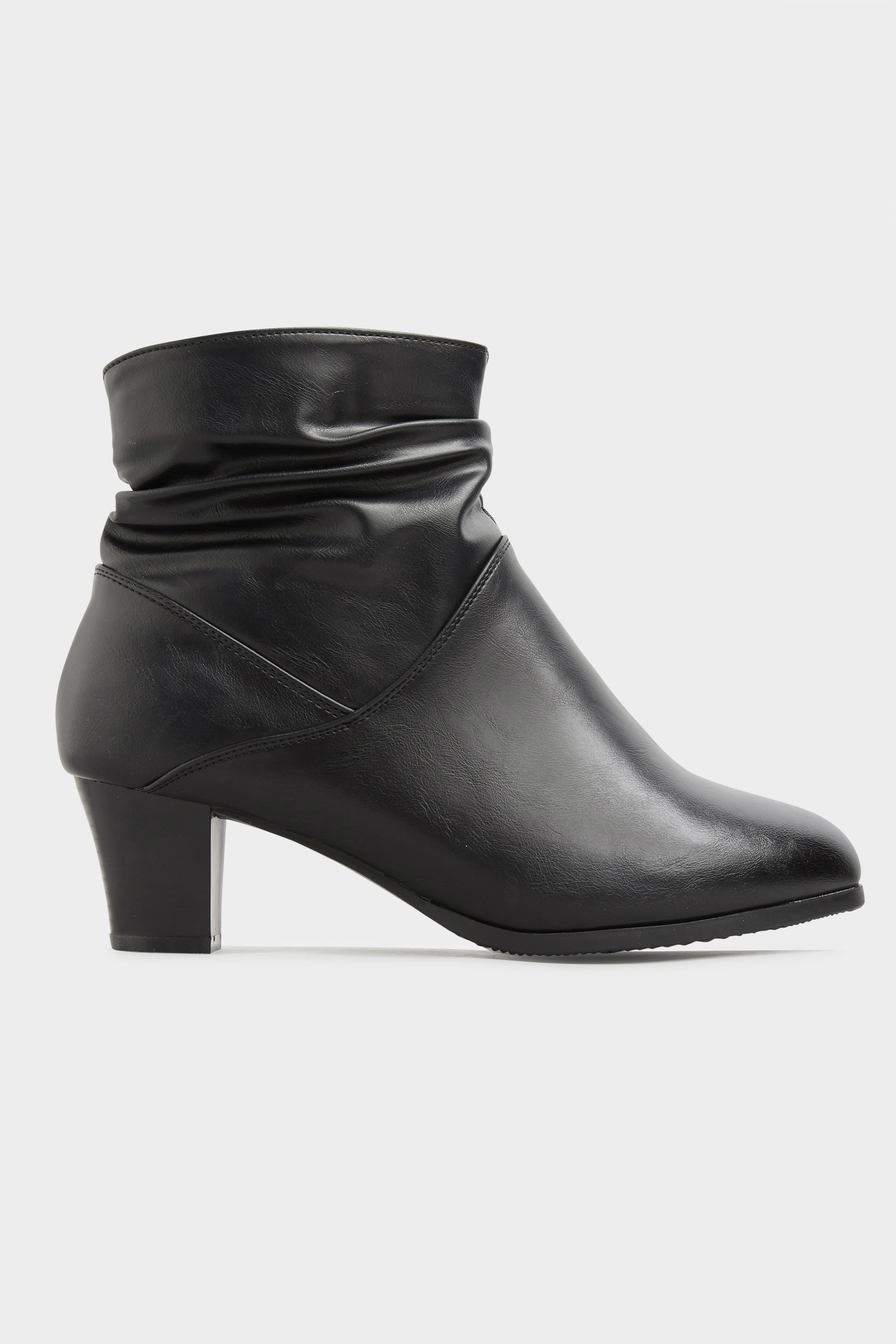 Black Faux Leather Ruched Heeled Ankle Boots In Extra Wide Fit | Long ...